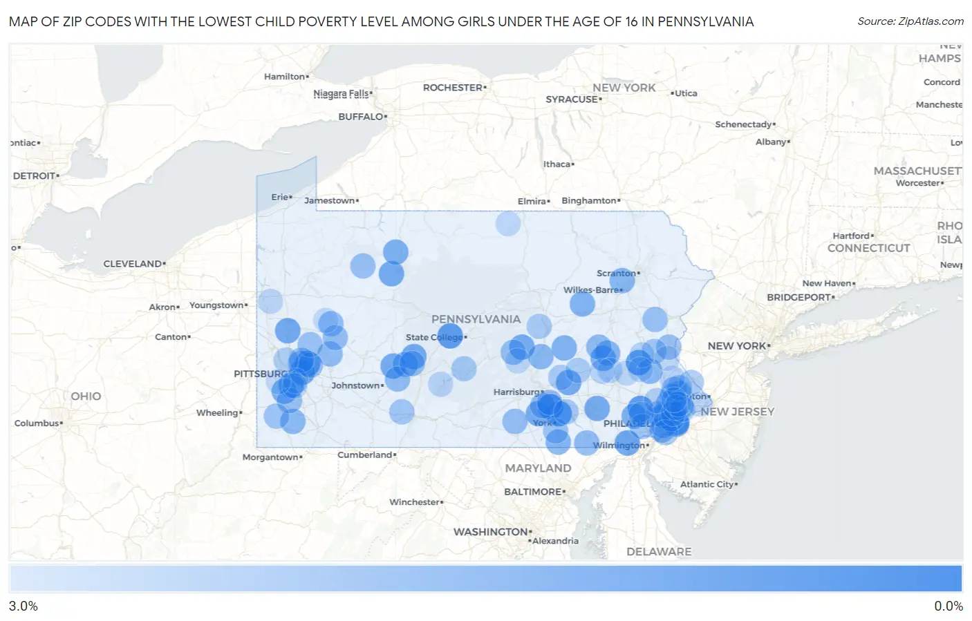 Zip Codes with the Lowest Child Poverty Level Among Girls Under the Age of 16 in Pennsylvania Map