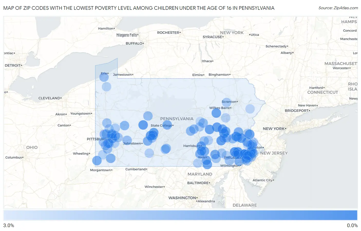 Zip Codes with the Lowest Poverty Level Among Children Under the Age of 16 in Pennsylvania Map