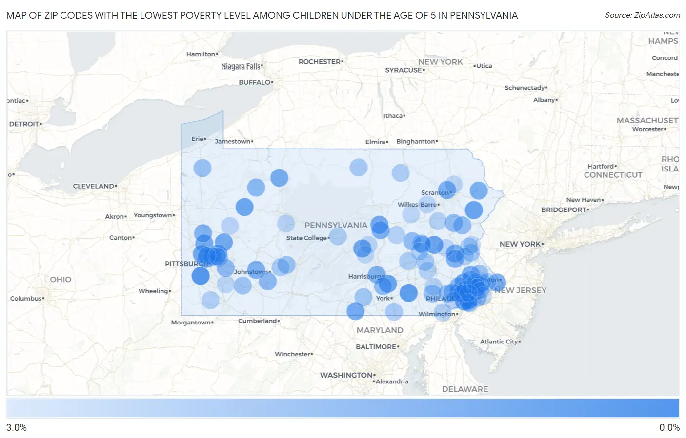 Zip Codes with the Lowest Poverty Level Among Children Under the Age of 5 in Pennsylvania Map