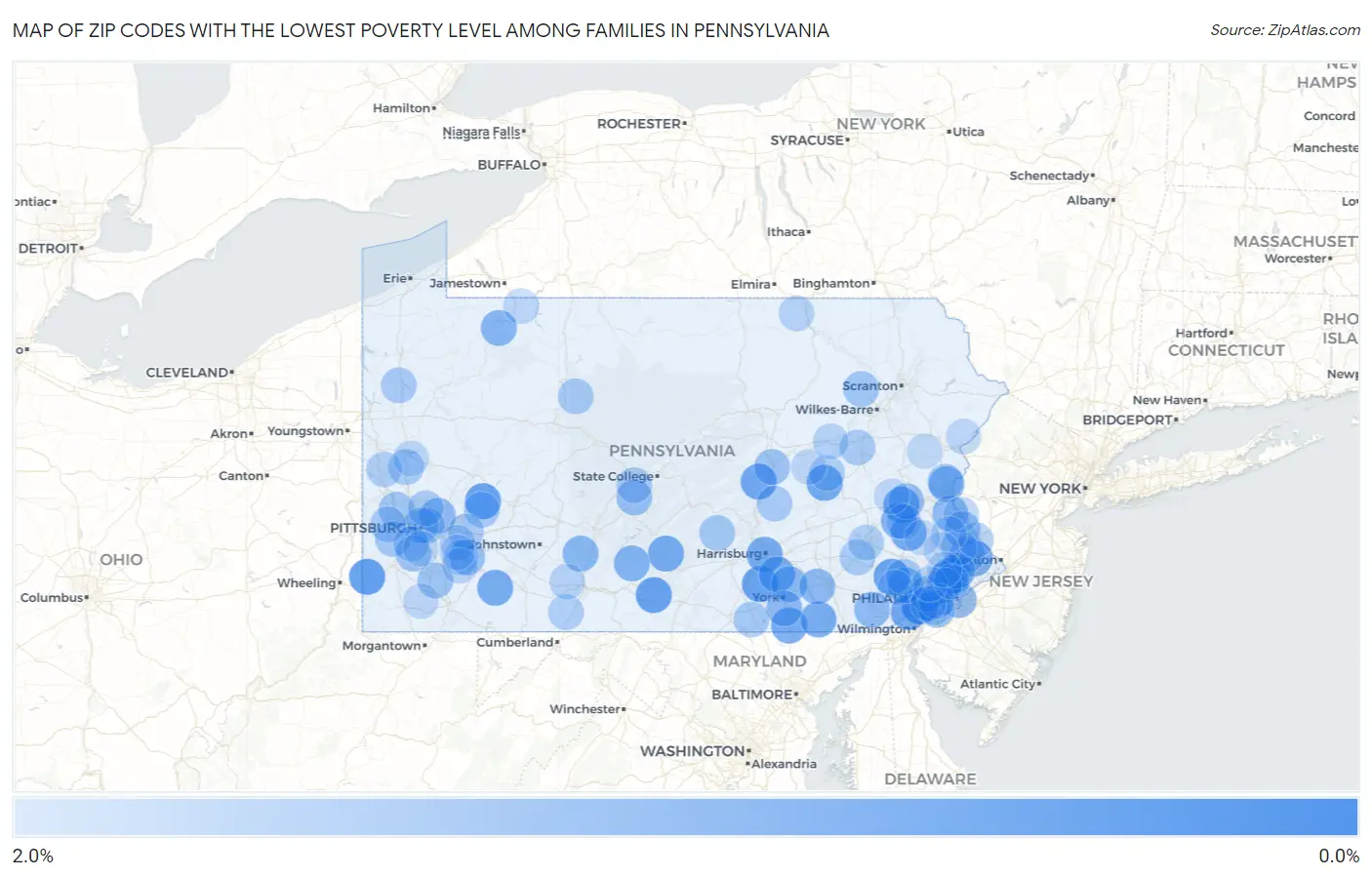 Zip Codes with the Lowest Poverty Level Among Families in Pennsylvania Map