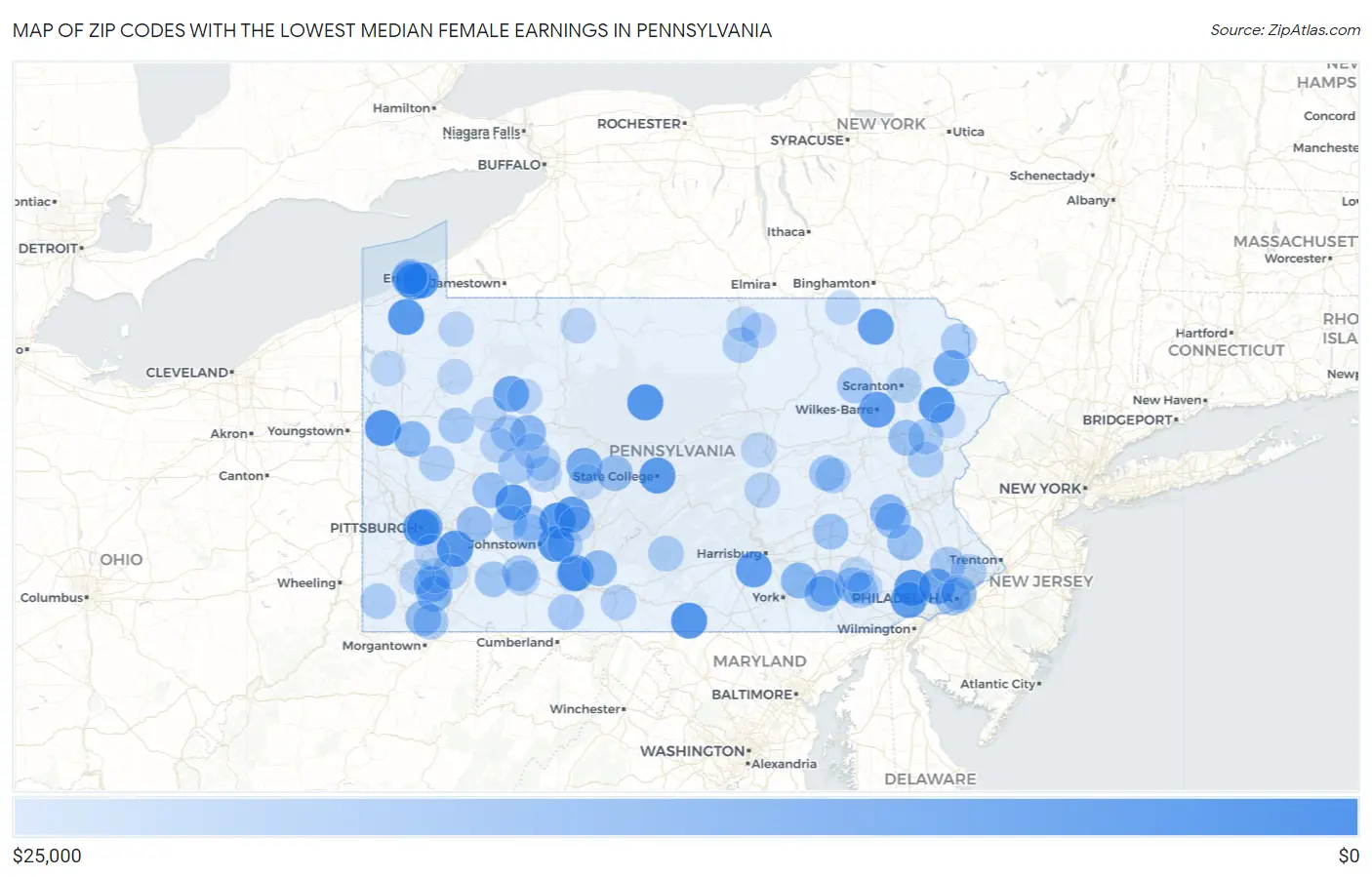 Zip Codes with the Lowest Median Female Earnings in Pennsylvania Map