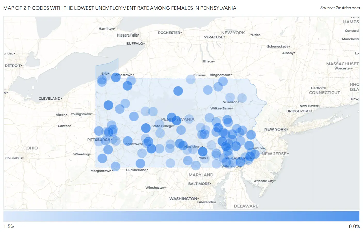 Zip Codes with the Lowest Unemployment Rate Among Females in Pennsylvania Map