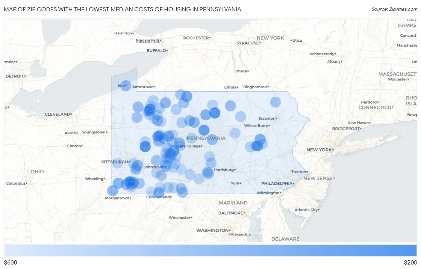 Zip Codes with the Lowest Median Costs of Housing in Pennsylvania Map