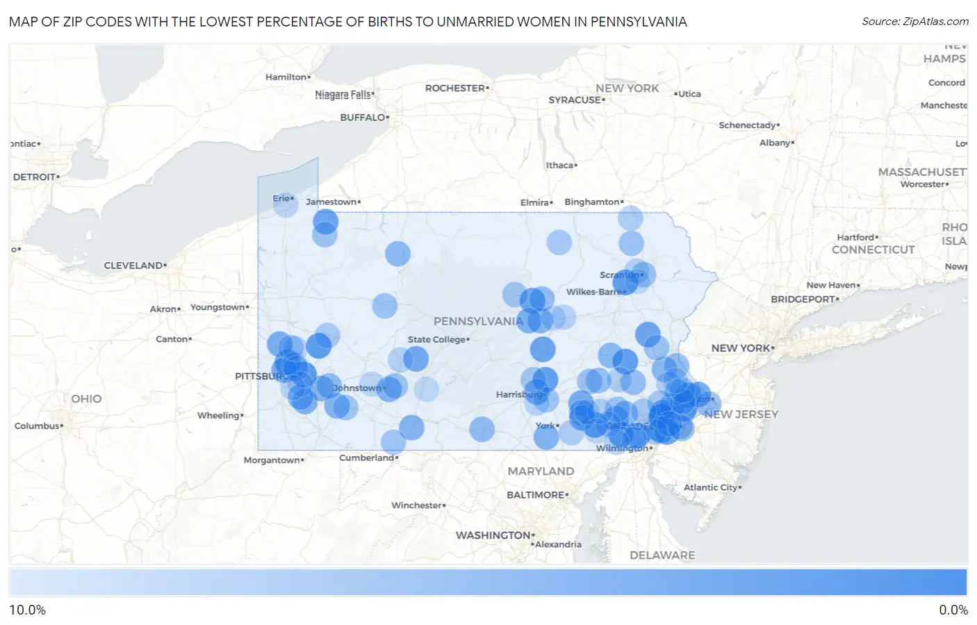 Zip Codes with the Lowest Percentage of Births to Unmarried Women in Pennsylvania Map