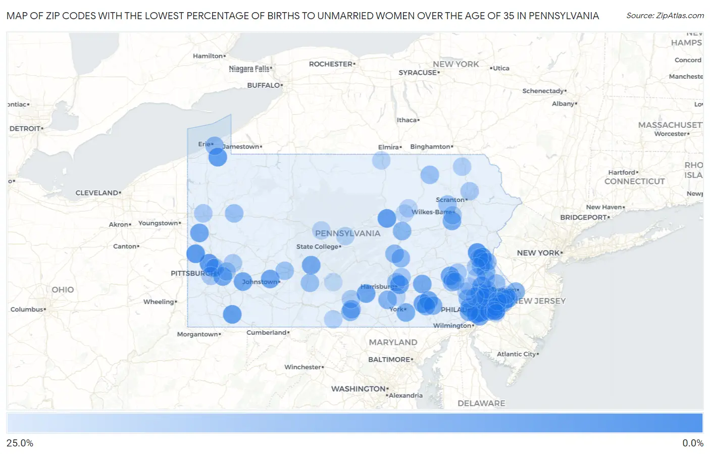 Zip Codes with the Lowest Percentage of Births to Unmarried Women over the Age of 35 in Pennsylvania Map