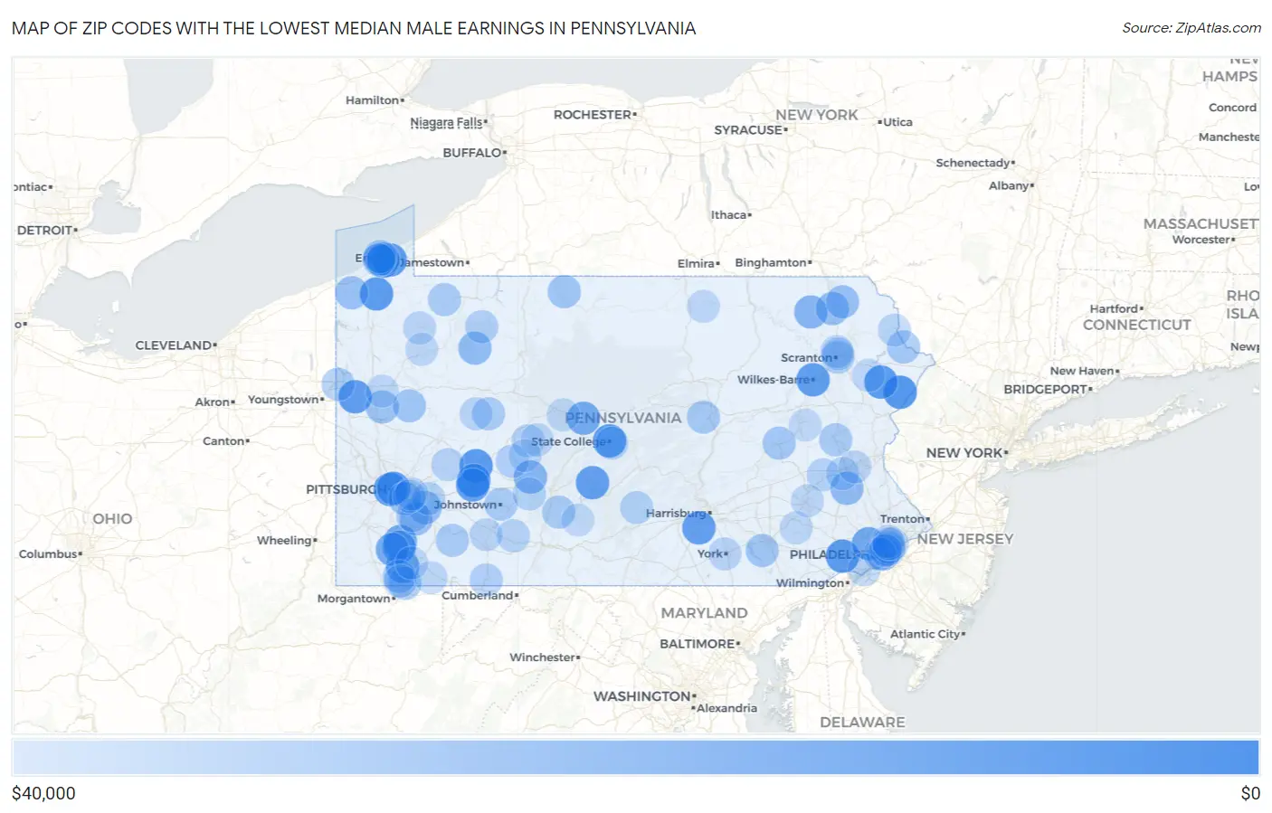 Zip Codes with the Lowest Median Male Earnings in Pennsylvania Map