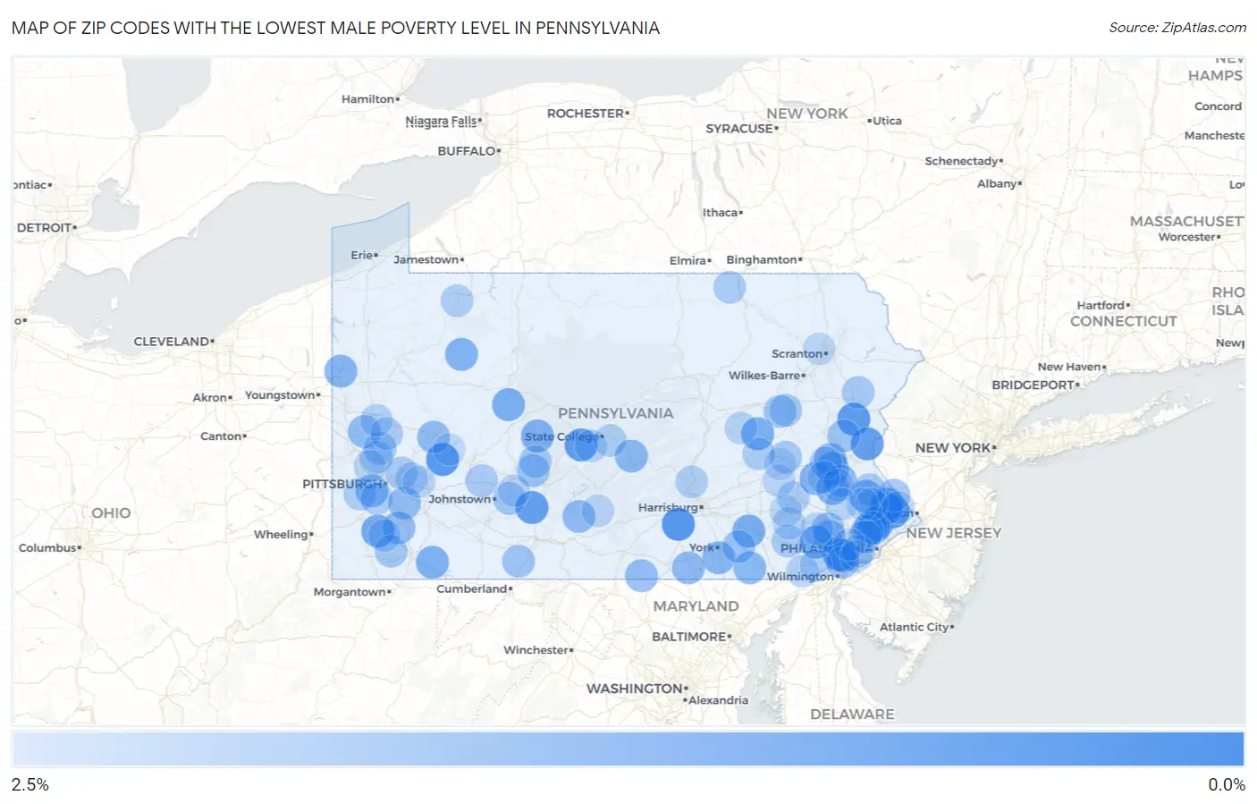 Zip Codes with the Lowest Male Poverty Level in Pennsylvania Map