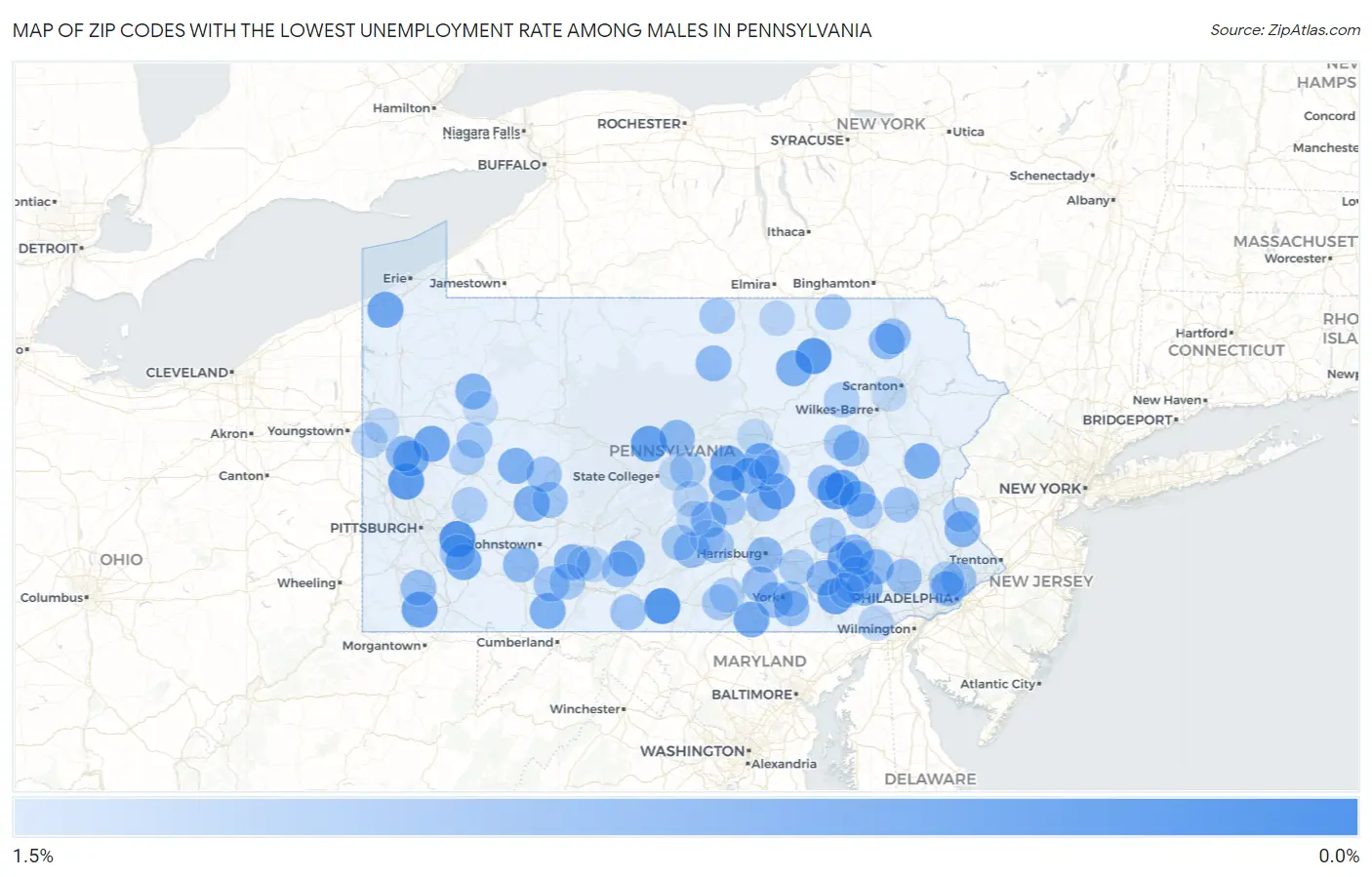 Zip Codes with the Lowest Unemployment Rate Among Males in Pennsylvania Map