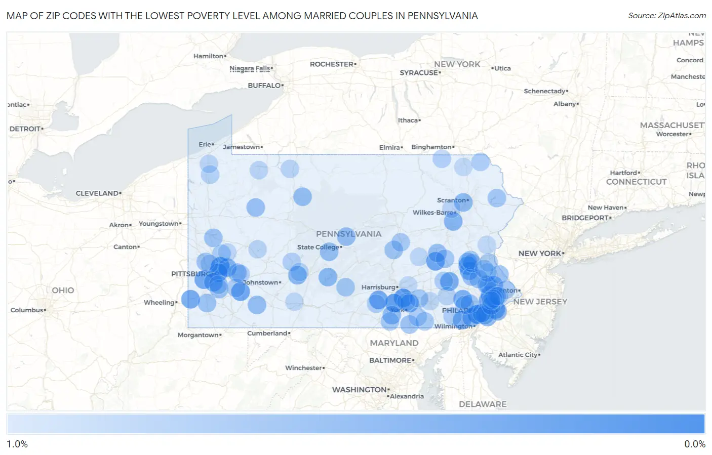 Zip Codes with the Lowest Poverty Level Among Married Couples in Pennsylvania Map