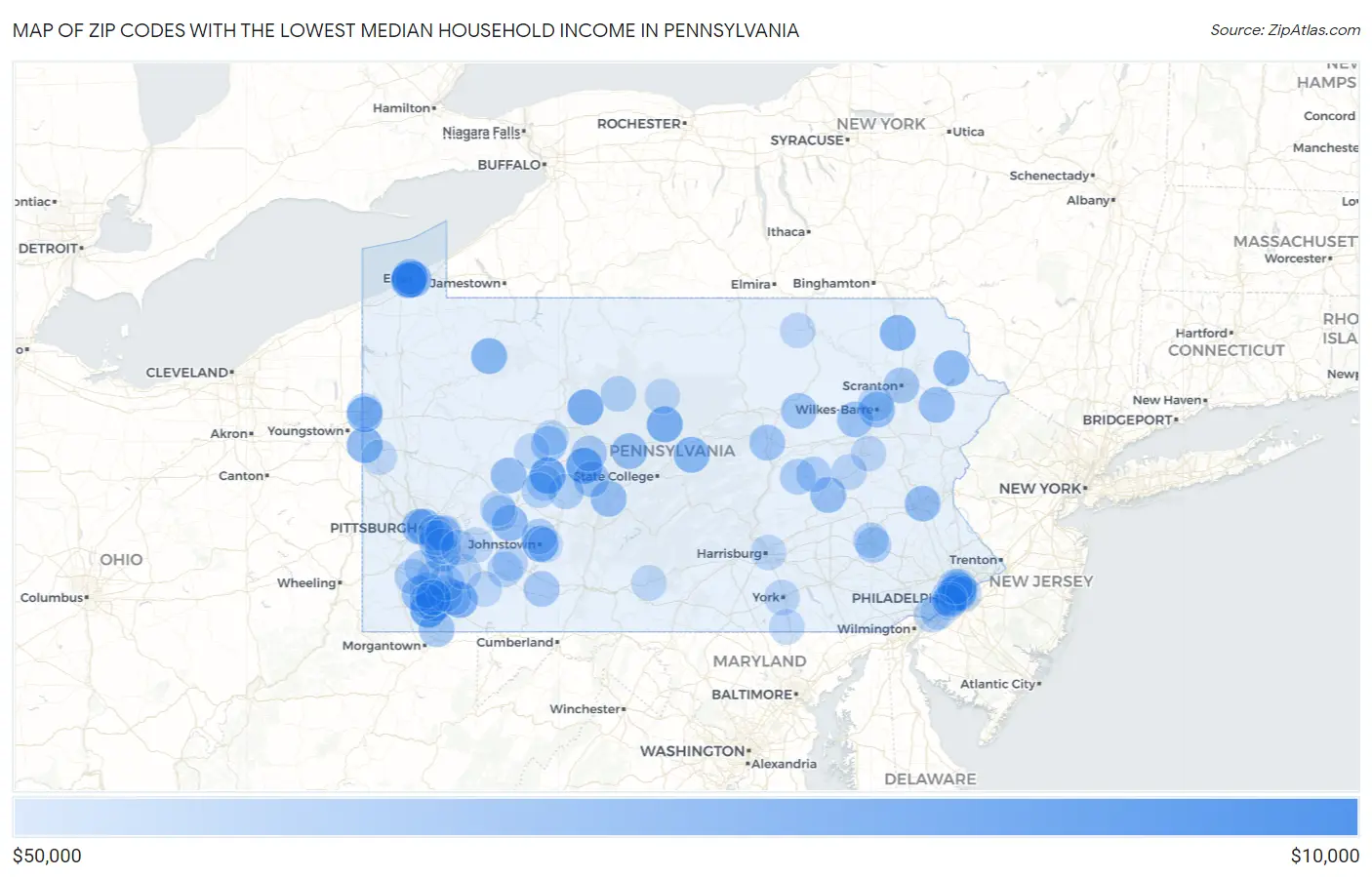 Zip Codes with the Lowest Median Household Income in Pennsylvania Map