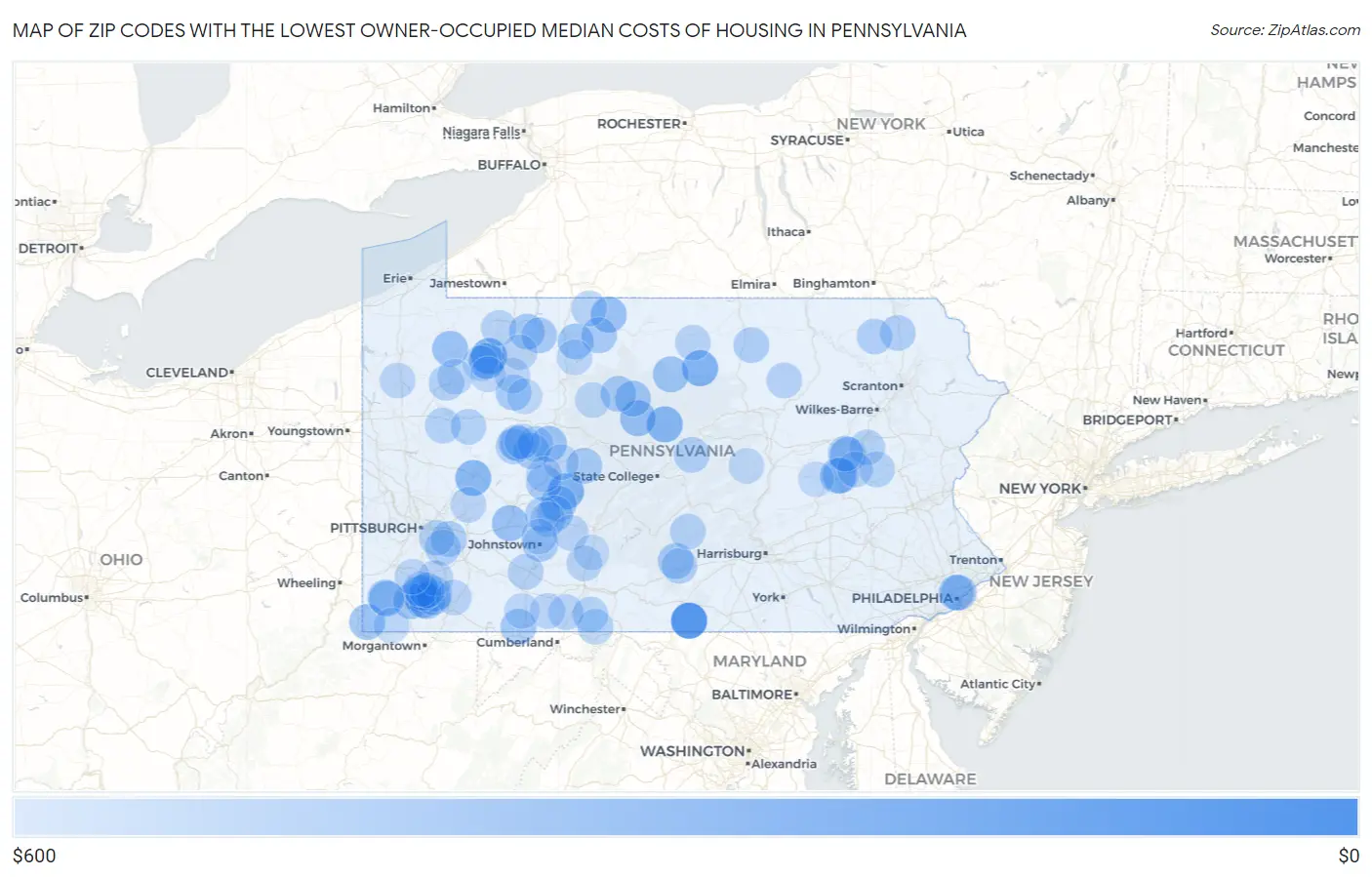 Zip Codes with the Lowest Owner-Occupied Median Costs of Housing in Pennsylvania Map