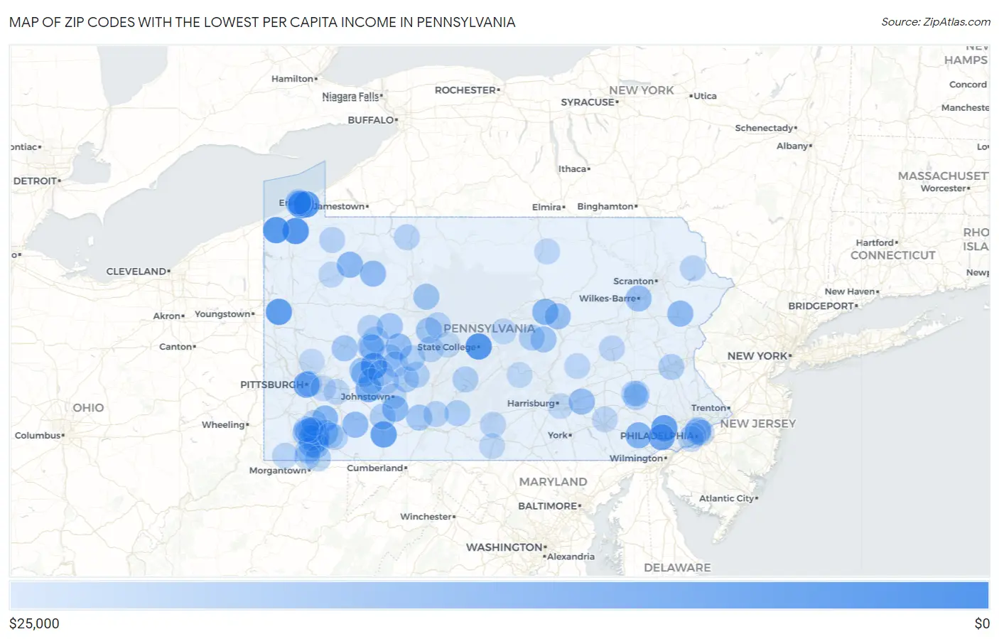 Zip Codes with the Lowest Per Capita Income in Pennsylvania Map