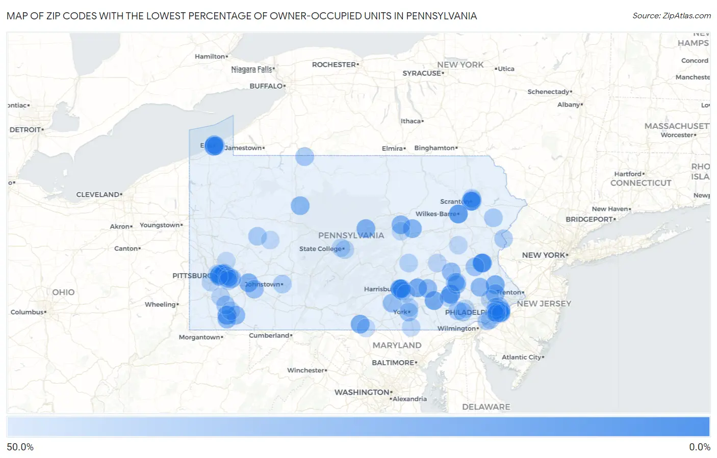 Zip Codes with the Lowest Percentage of Owner-Occupied Units in Pennsylvania Map