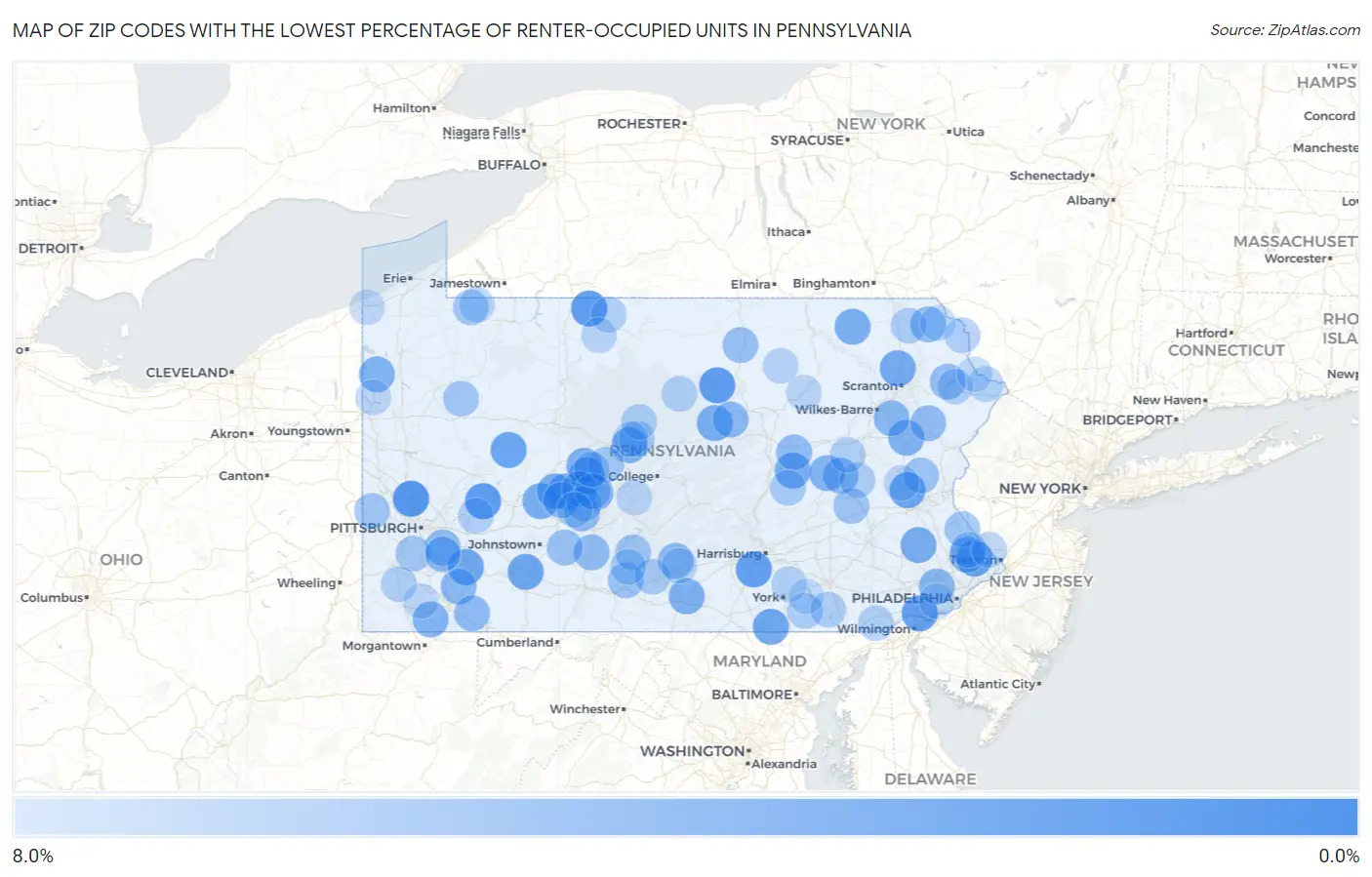 Zip Codes with the Lowest Percentage of Renter-Occupied Units in Pennsylvania Map