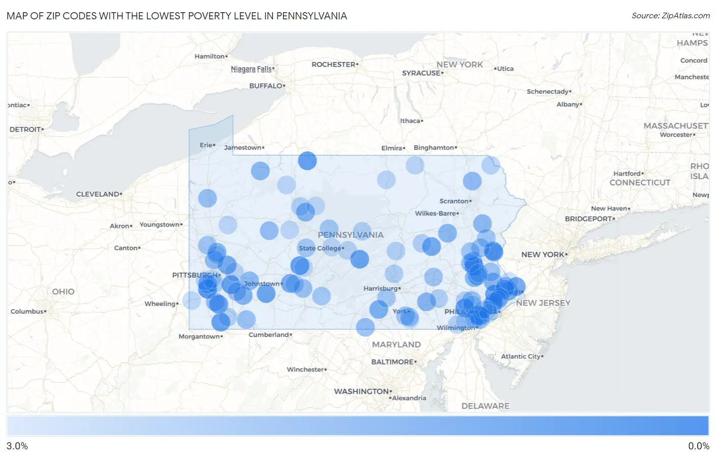 Zip Codes with the Lowest Poverty Level in Pennsylvania Map