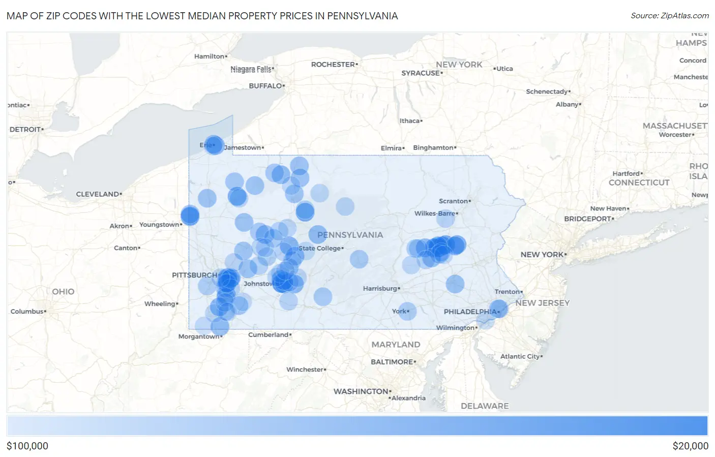 Zip Codes with the Lowest Median Property Prices in Pennsylvania Map