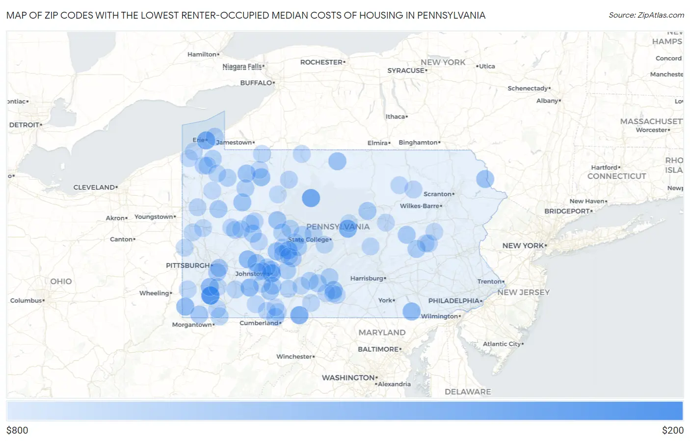 Zip Codes with the Lowest Renter-Occupied Median Costs of Housing in Pennsylvania Map