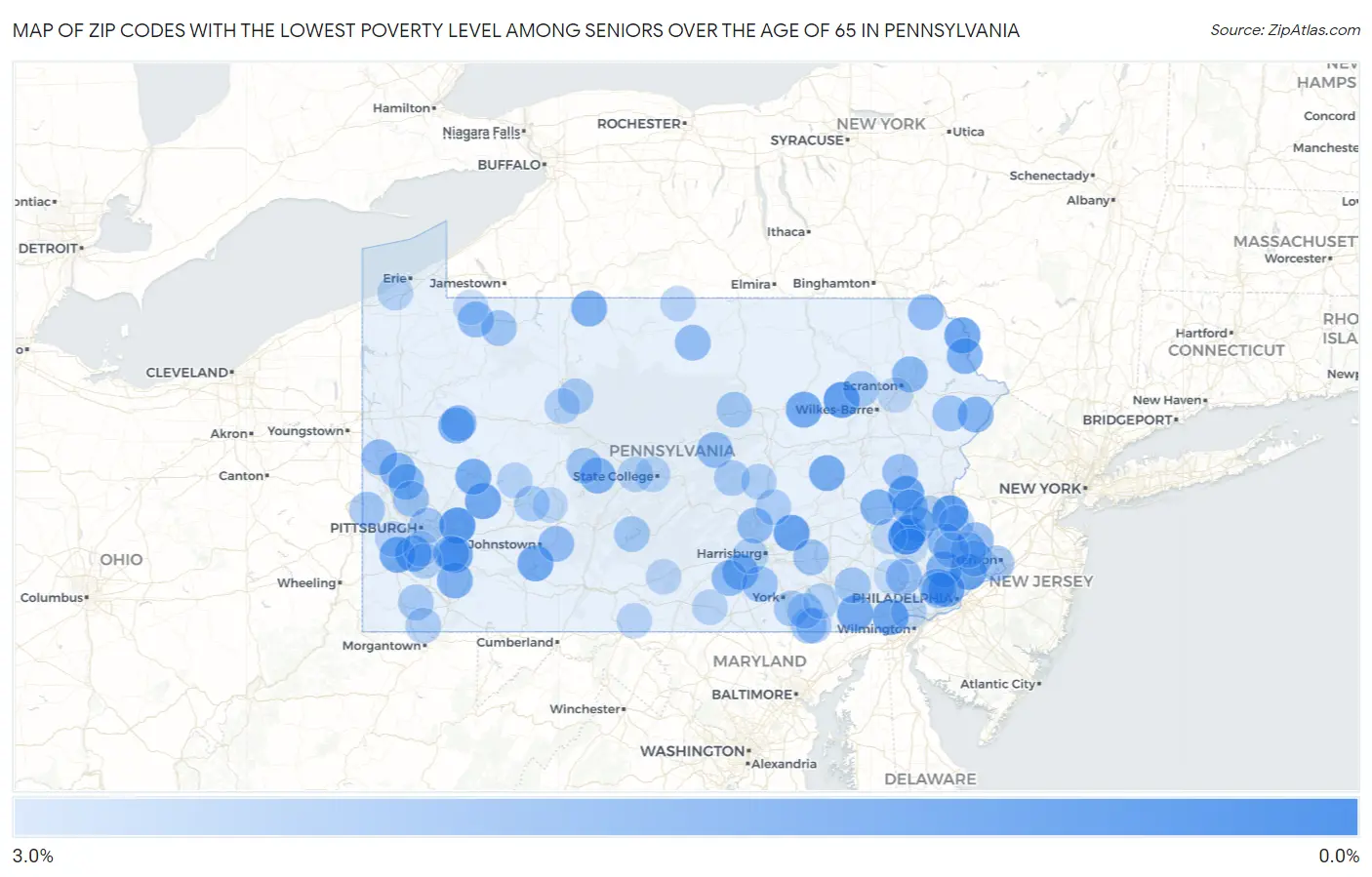 Zip Codes with the Lowest Poverty Level Among Seniors Over the Age of 65 in Pennsylvania Map
