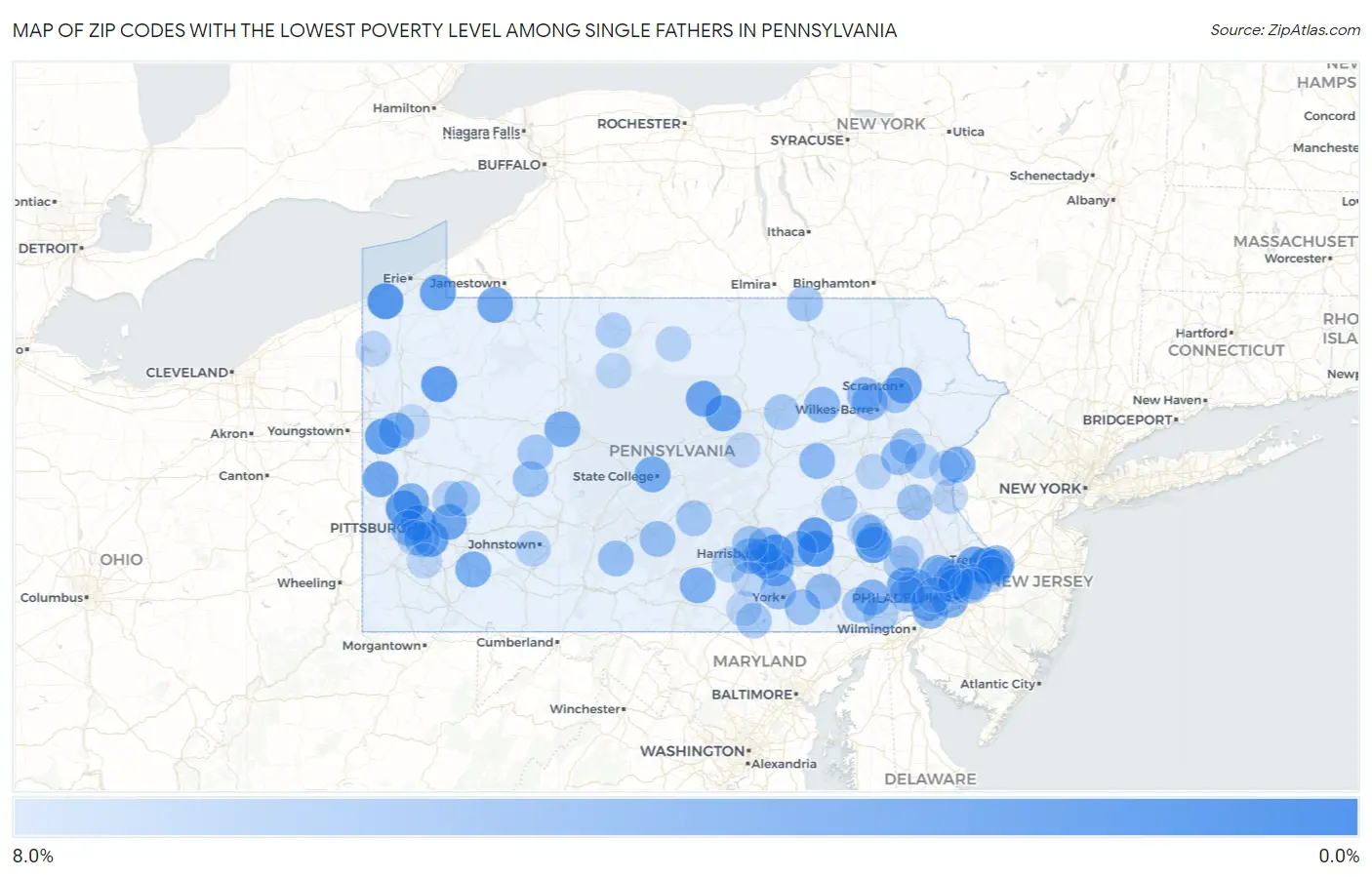 Zip Codes with the Lowest Poverty Level Among Single Fathers in Pennsylvania Map