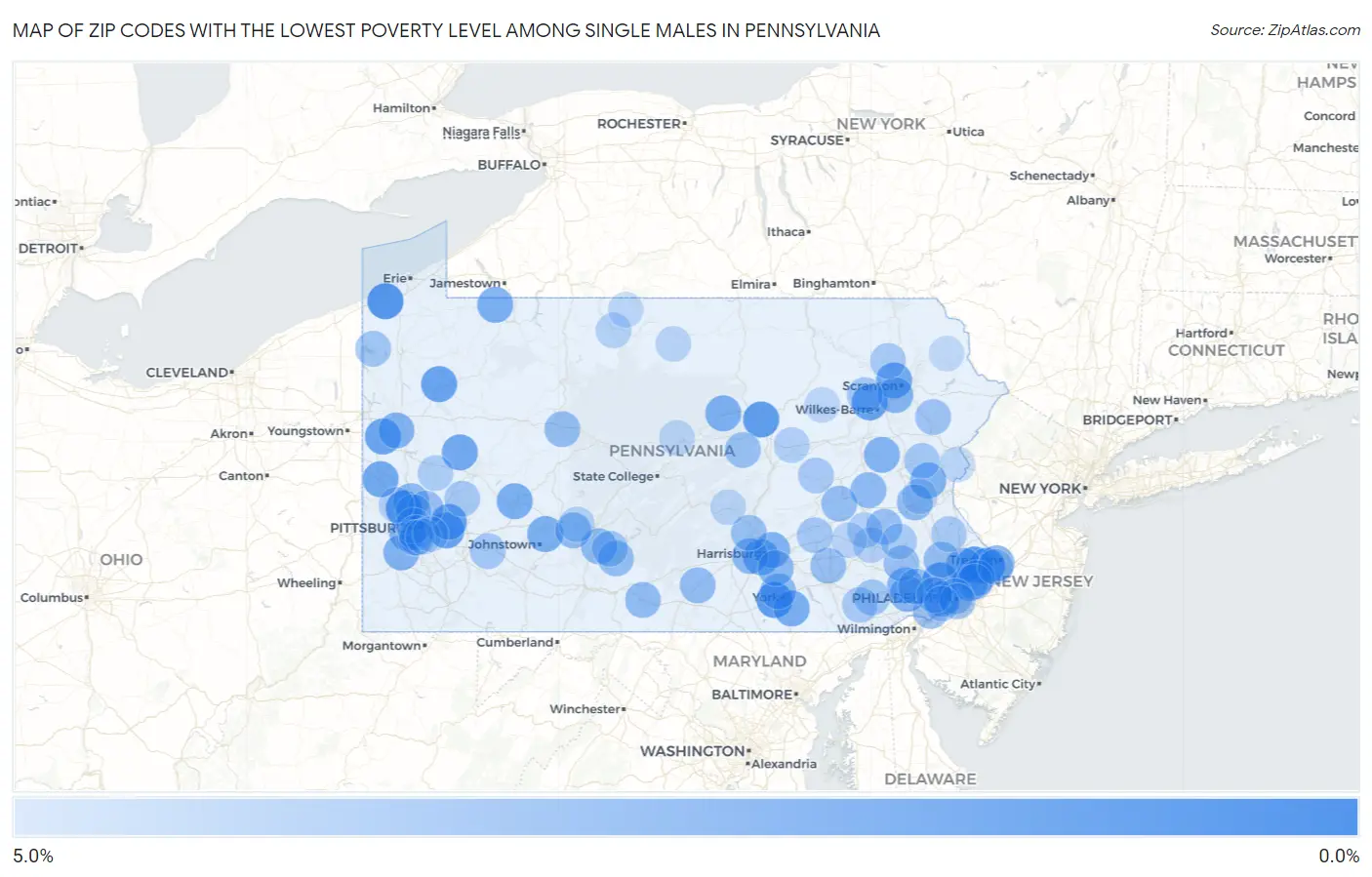 Zip Codes with the Lowest Poverty Level Among Single Males in Pennsylvania Map