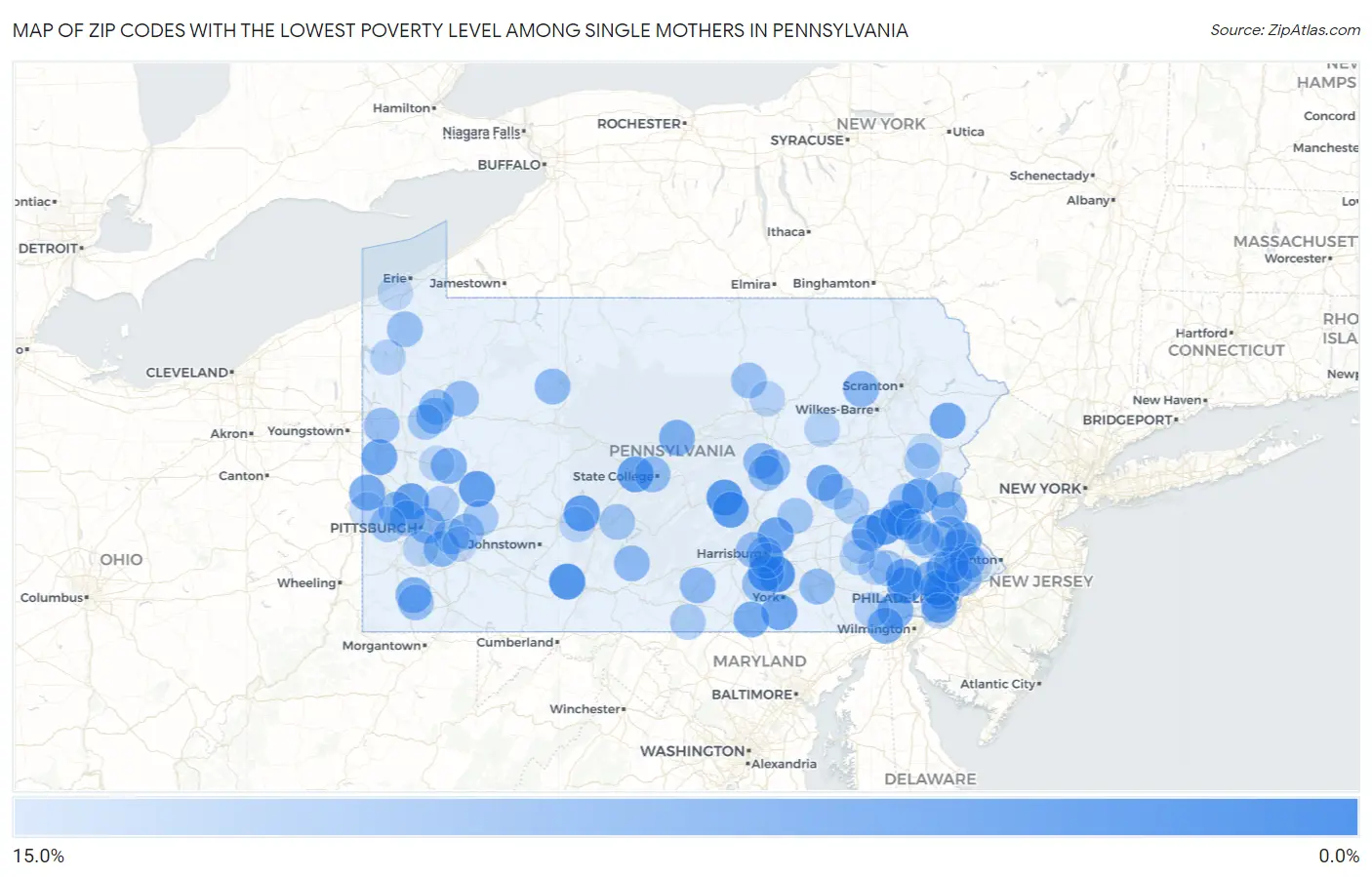 Zip Codes with the Lowest Poverty Level Among Single Mothers in Pennsylvania Map