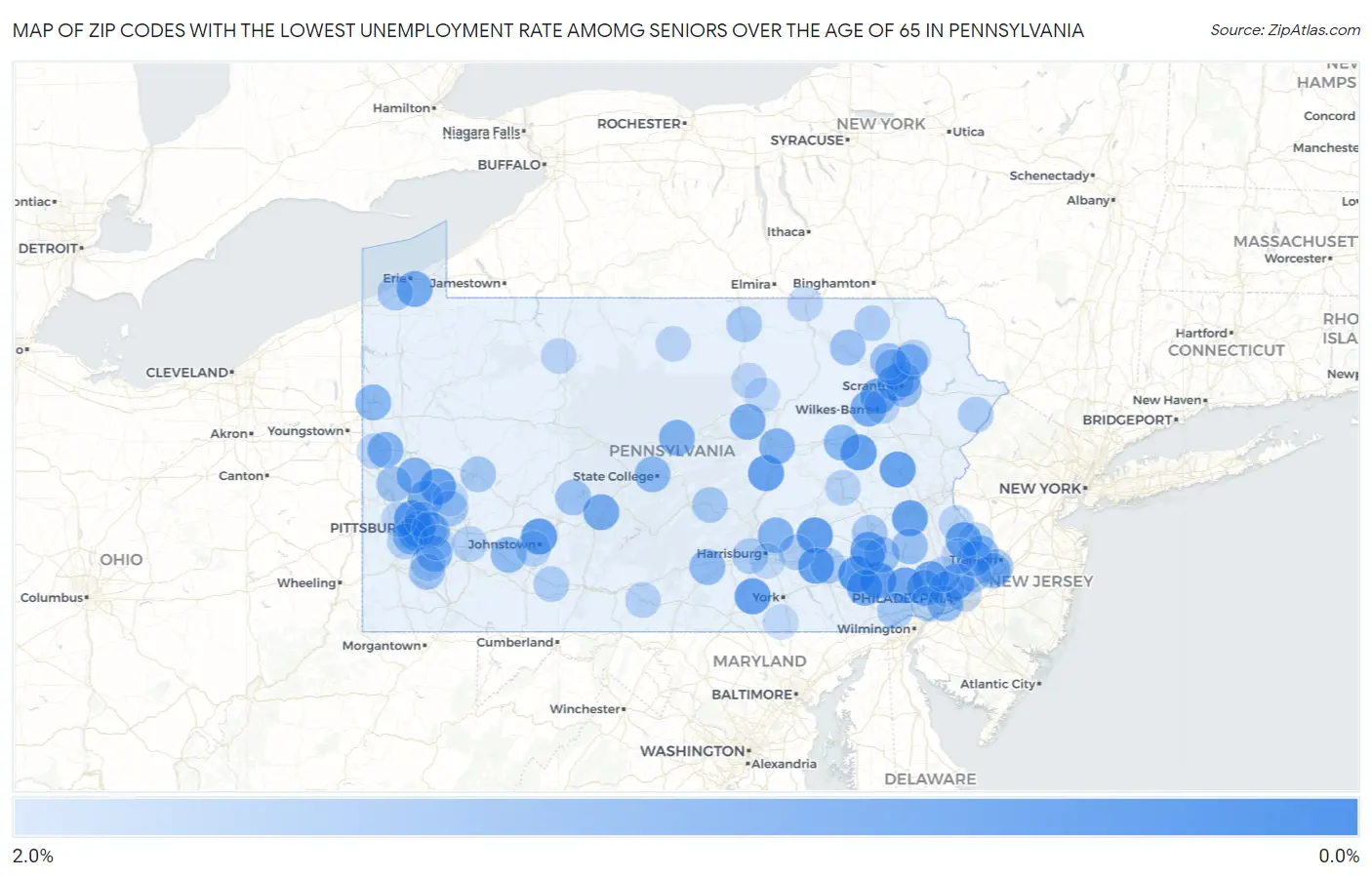 Zip Codes with the Lowest Unemployment Rate Amomg Seniors Over the Age of 65 in Pennsylvania Map