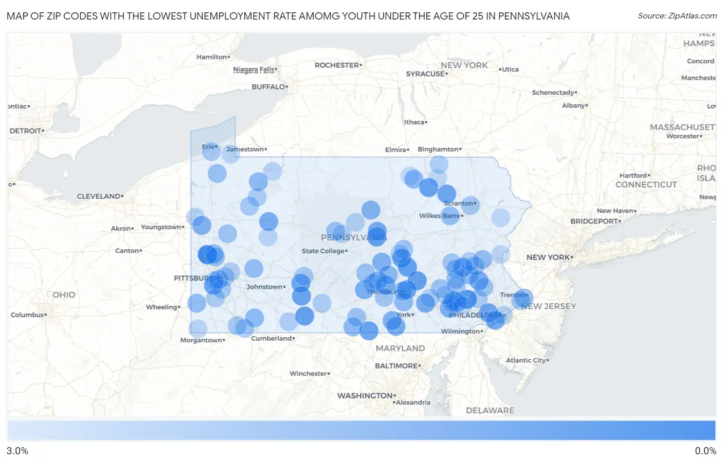 Zip Codes with the Lowest Unemployment Rate Amomg Youth Under the Age of 25 in Pennsylvania Map