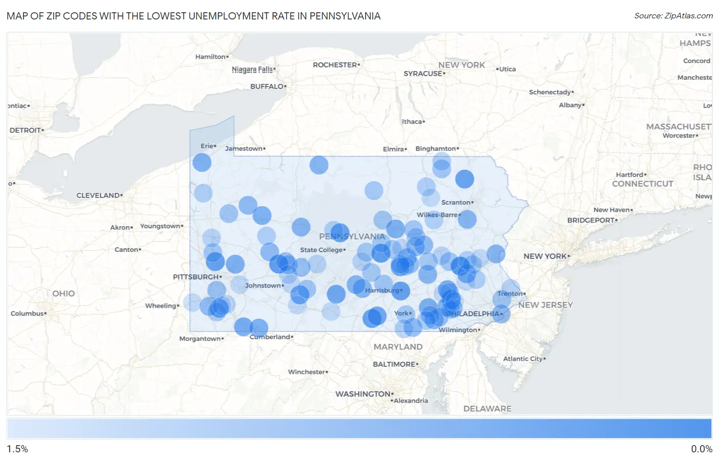 Zip Codes with the Lowest Unemployment Rate in Pennsylvania Map