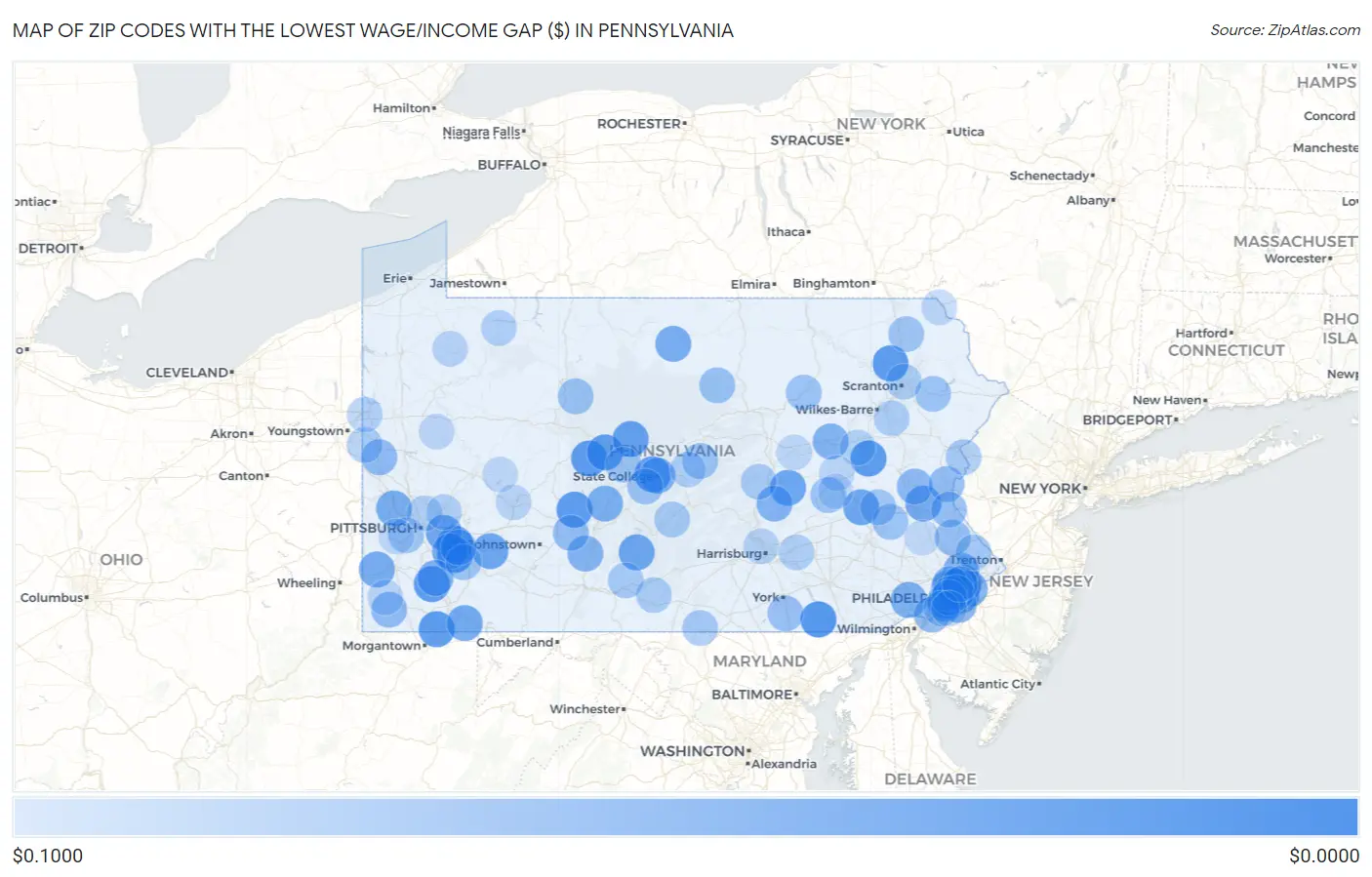Zip Codes with the Lowest Wage/Income Gap ($) in Pennsylvania Map