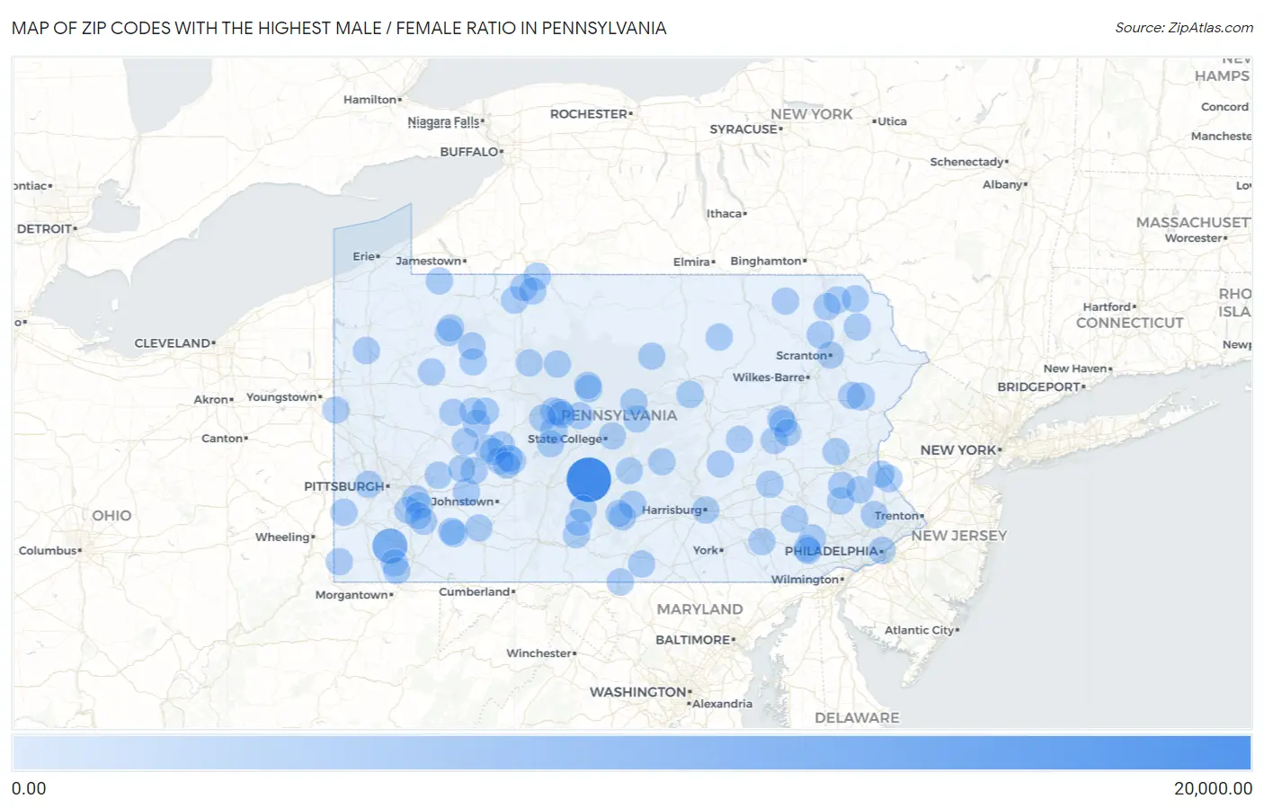 Zip Codes with the Highest Male / Female Ratio in Pennsylvania Map