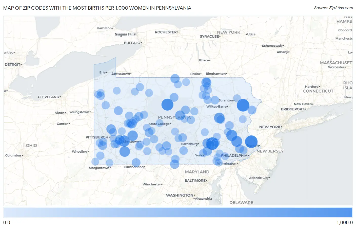 Zip Codes with the Most Births per 1,000 Women in Pennsylvania Map