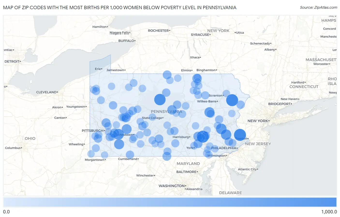 Zip Codes with the Most Births per 1,000 Women Below Poverty Level in Pennsylvania Map