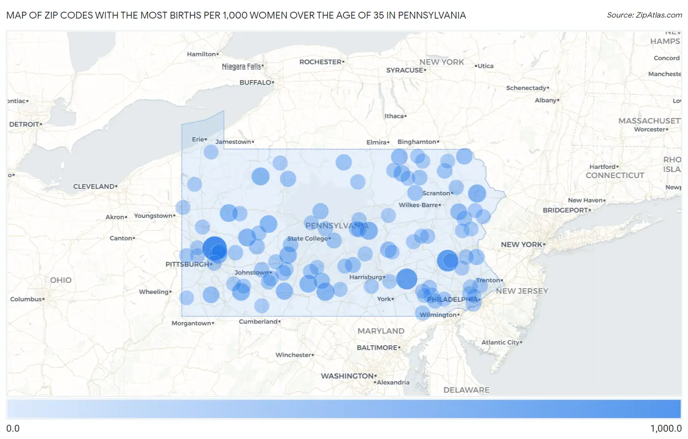 Zip Codes with the Most Births per 1,000 Women Over the Age of 35 in Pennsylvania Map