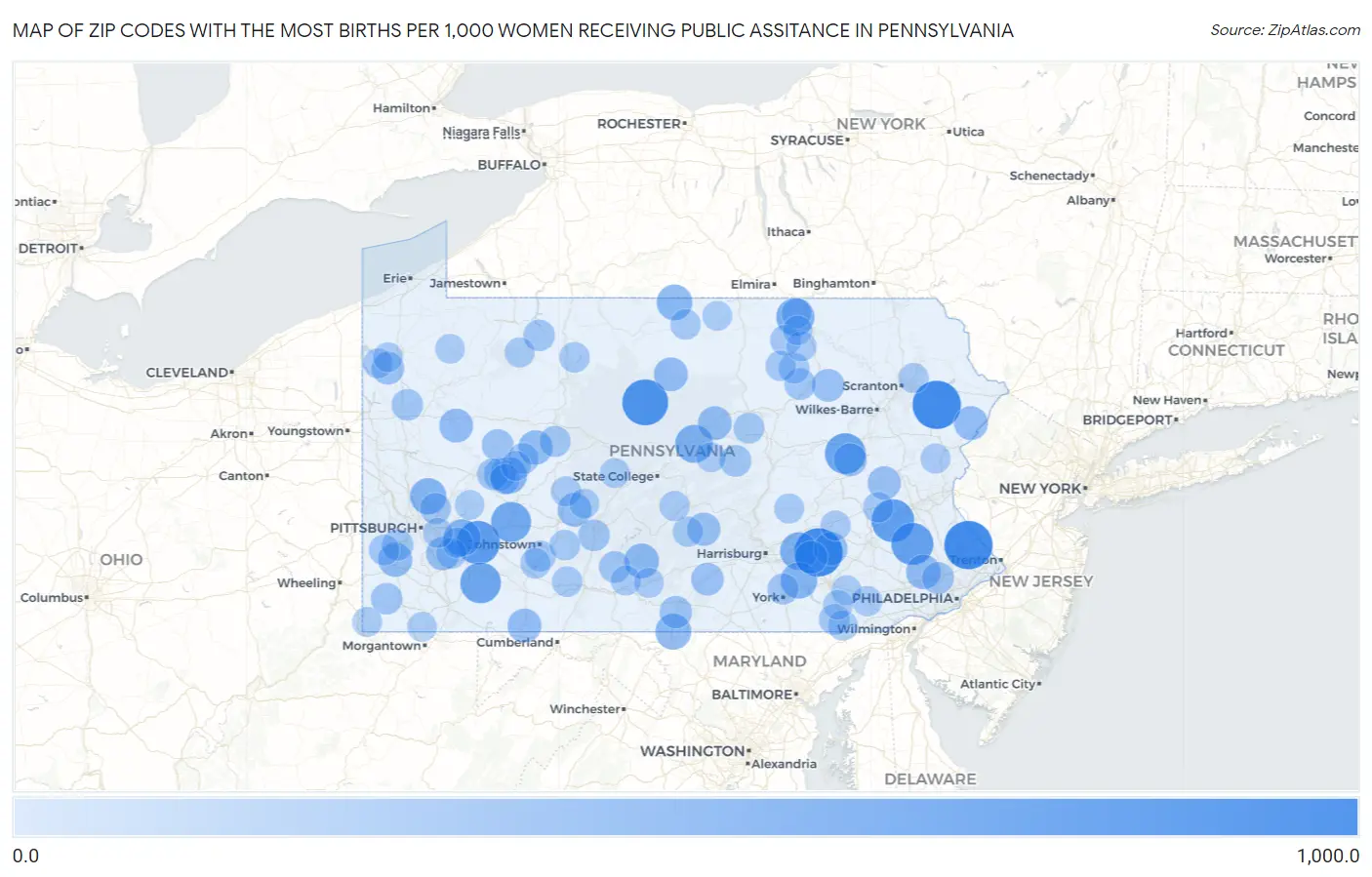 Zip Codes with the Most Births per 1,000 Women Receiving Public Assitance in Pennsylvania Map