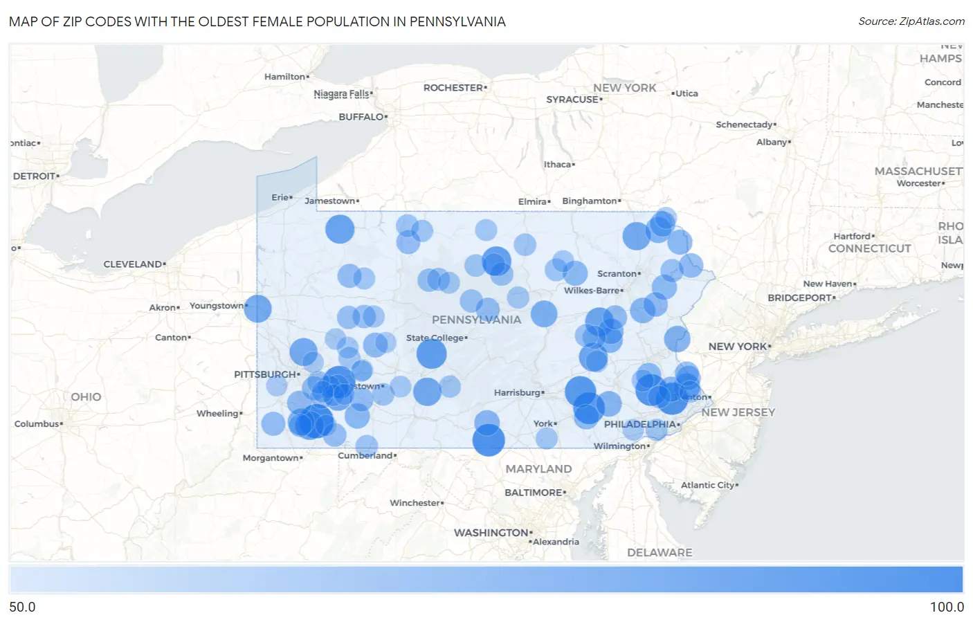 Zip Codes with the Oldest Female Population in Pennsylvania Map