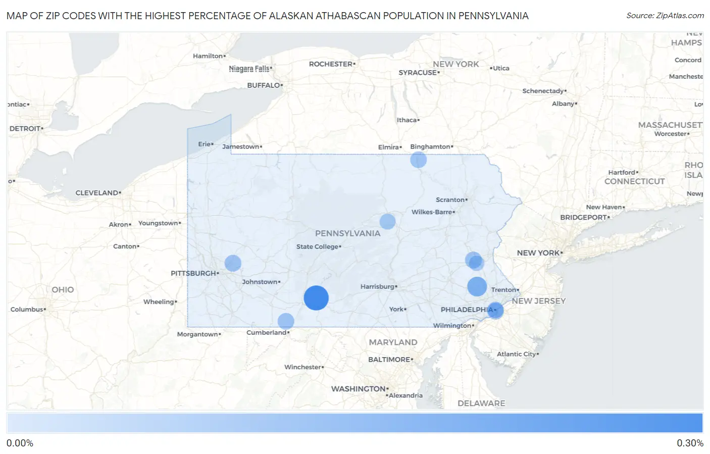 Zip Codes with the Highest Percentage of Alaskan Athabascan Population in Pennsylvania Map