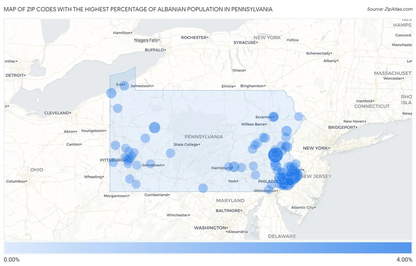 Zip Codes with the Highest Percentage of Albanian Population in Pennsylvania Map