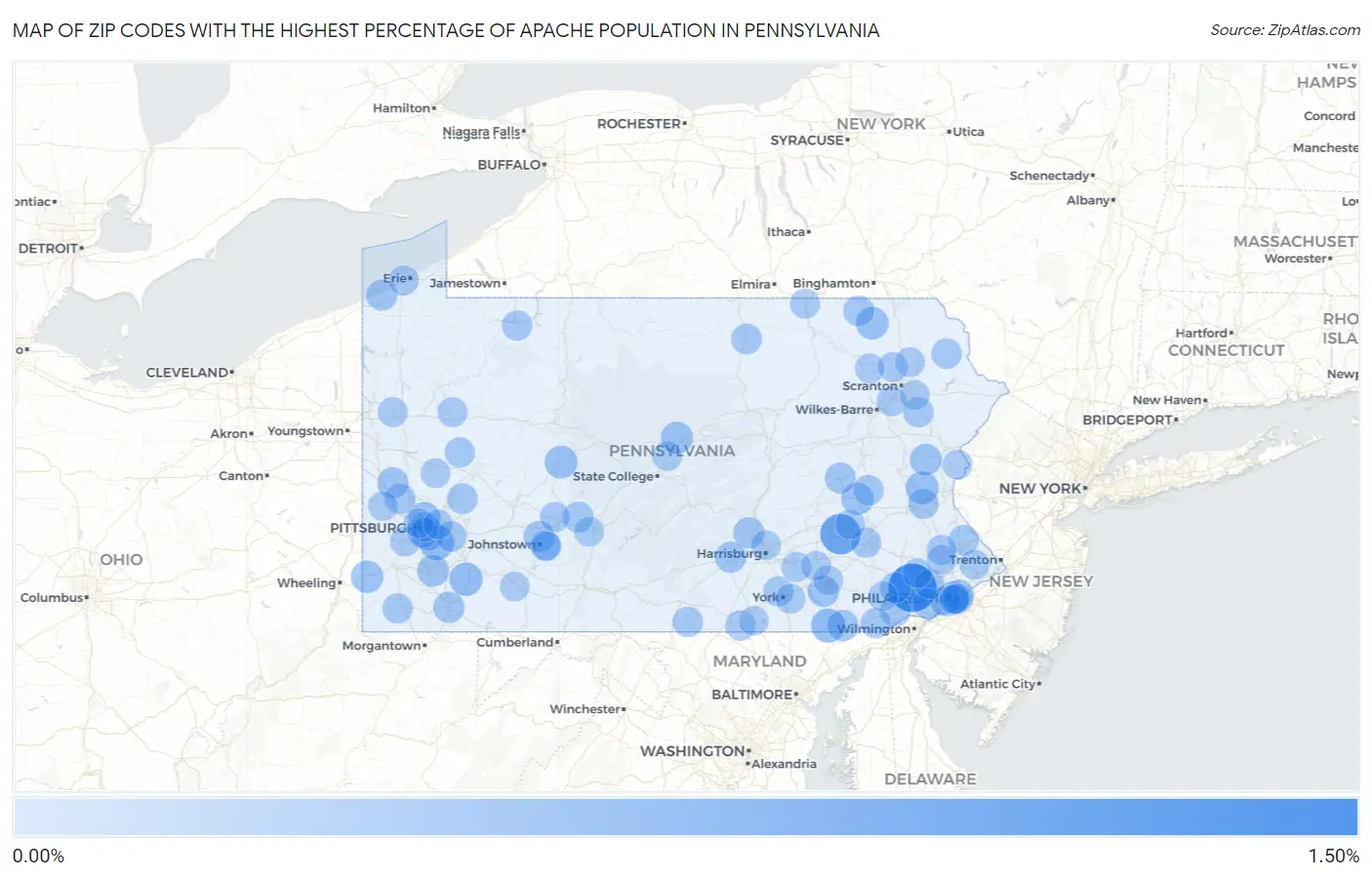 Zip Codes with the Highest Percentage of Apache Population in Pennsylvania Map