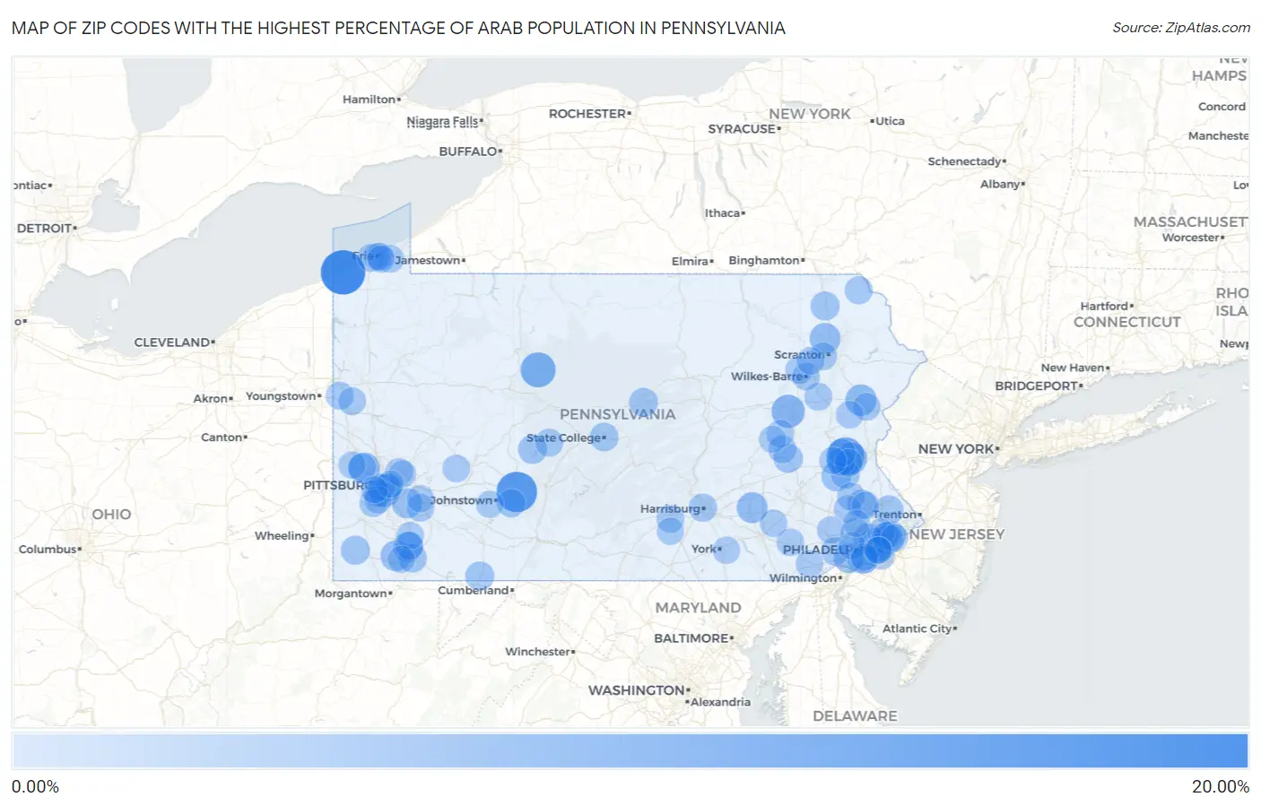Zip Codes with the Highest Percentage of Arab Population in Pennsylvania Map