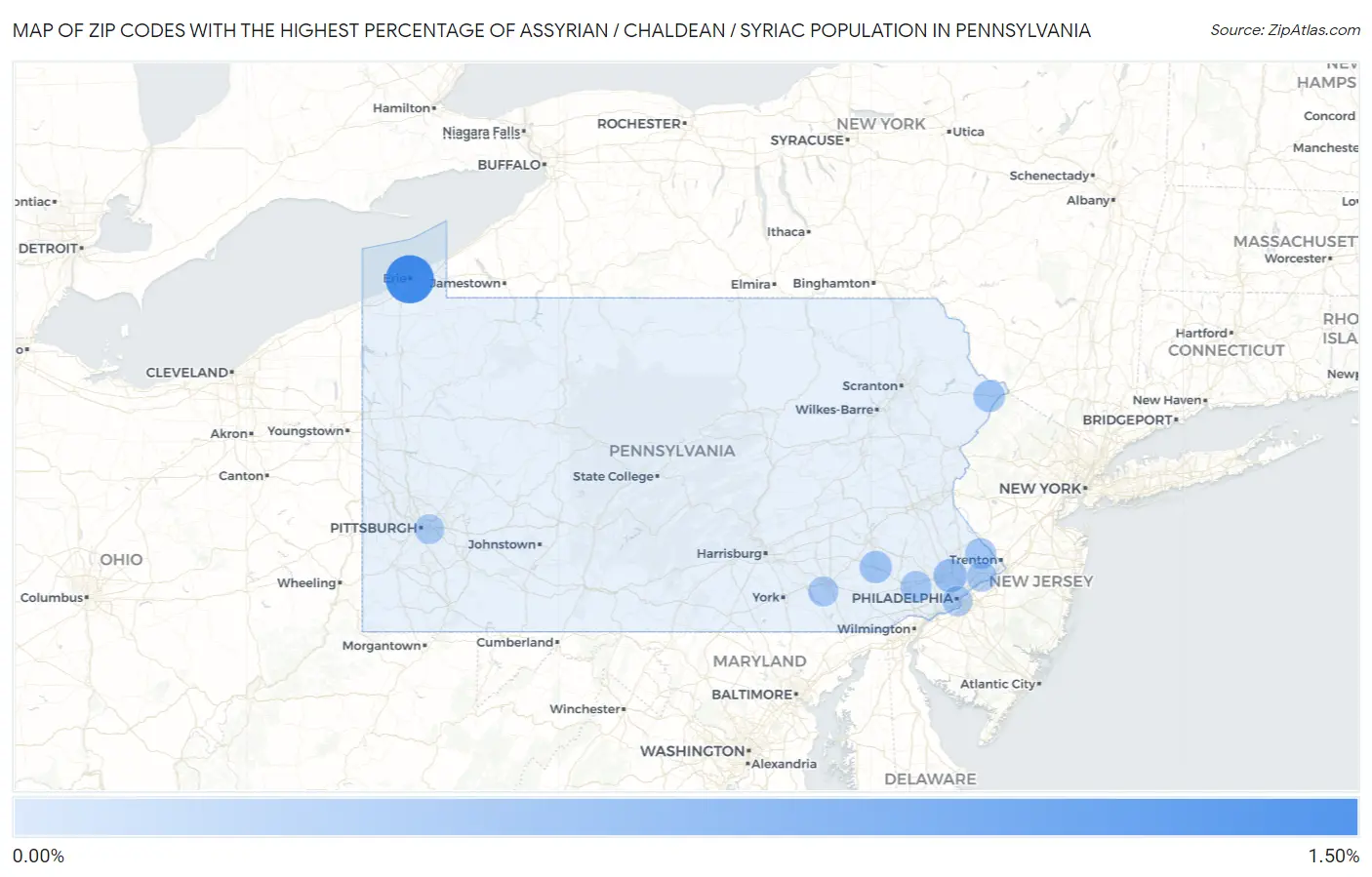 Zip Codes with the Highest Percentage of Assyrian / Chaldean / Syriac Population in Pennsylvania Map
