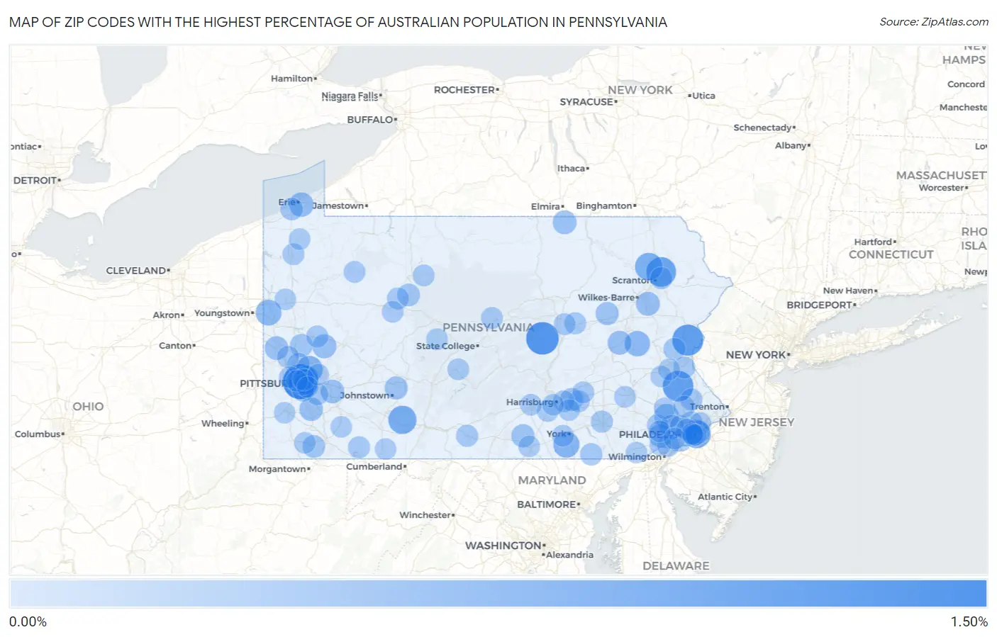 Zip Codes with the Highest Percentage of Australian Population in Pennsylvania Map