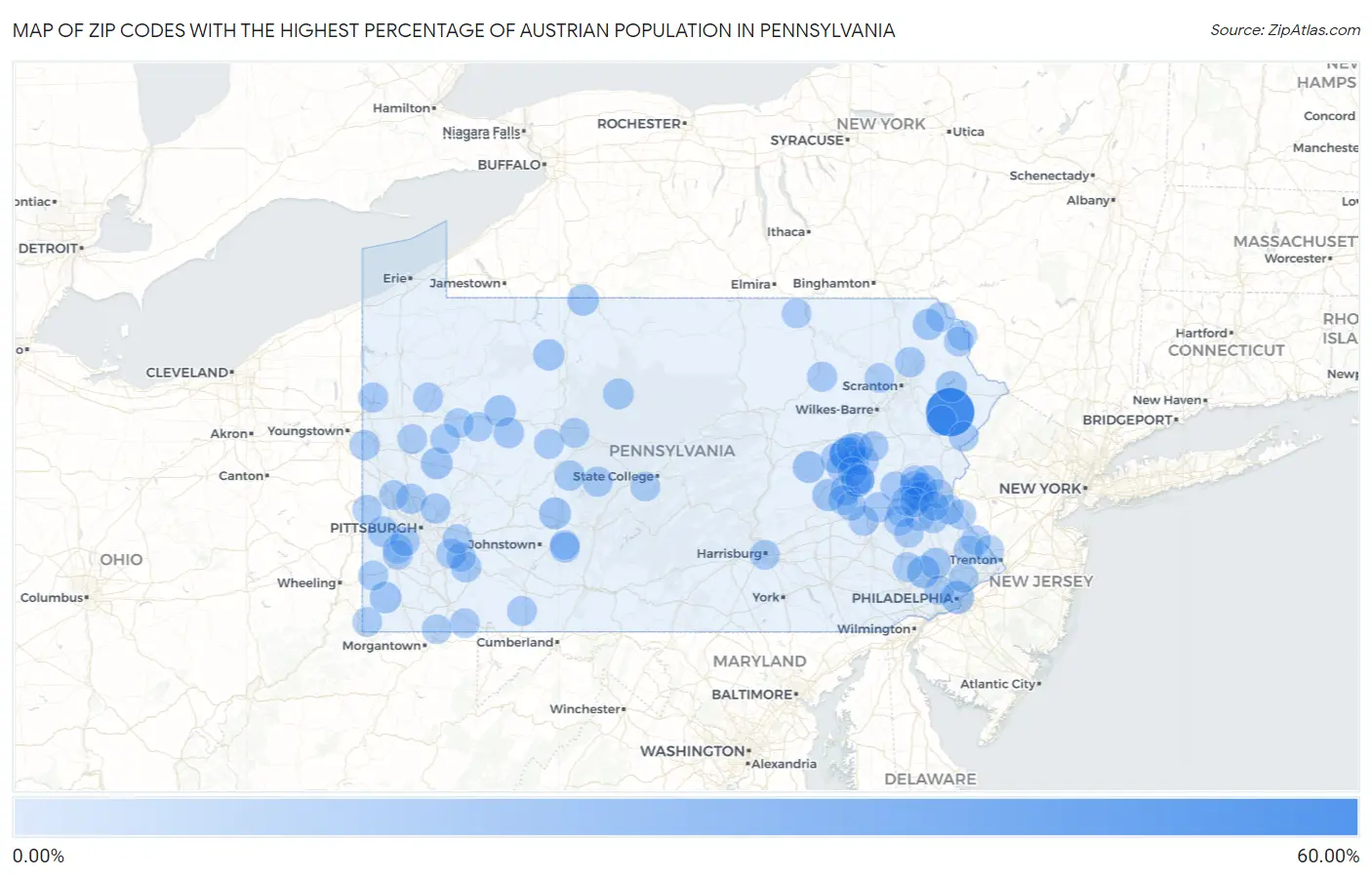 Zip Codes with the Highest Percentage of Austrian Population in Pennsylvania Map