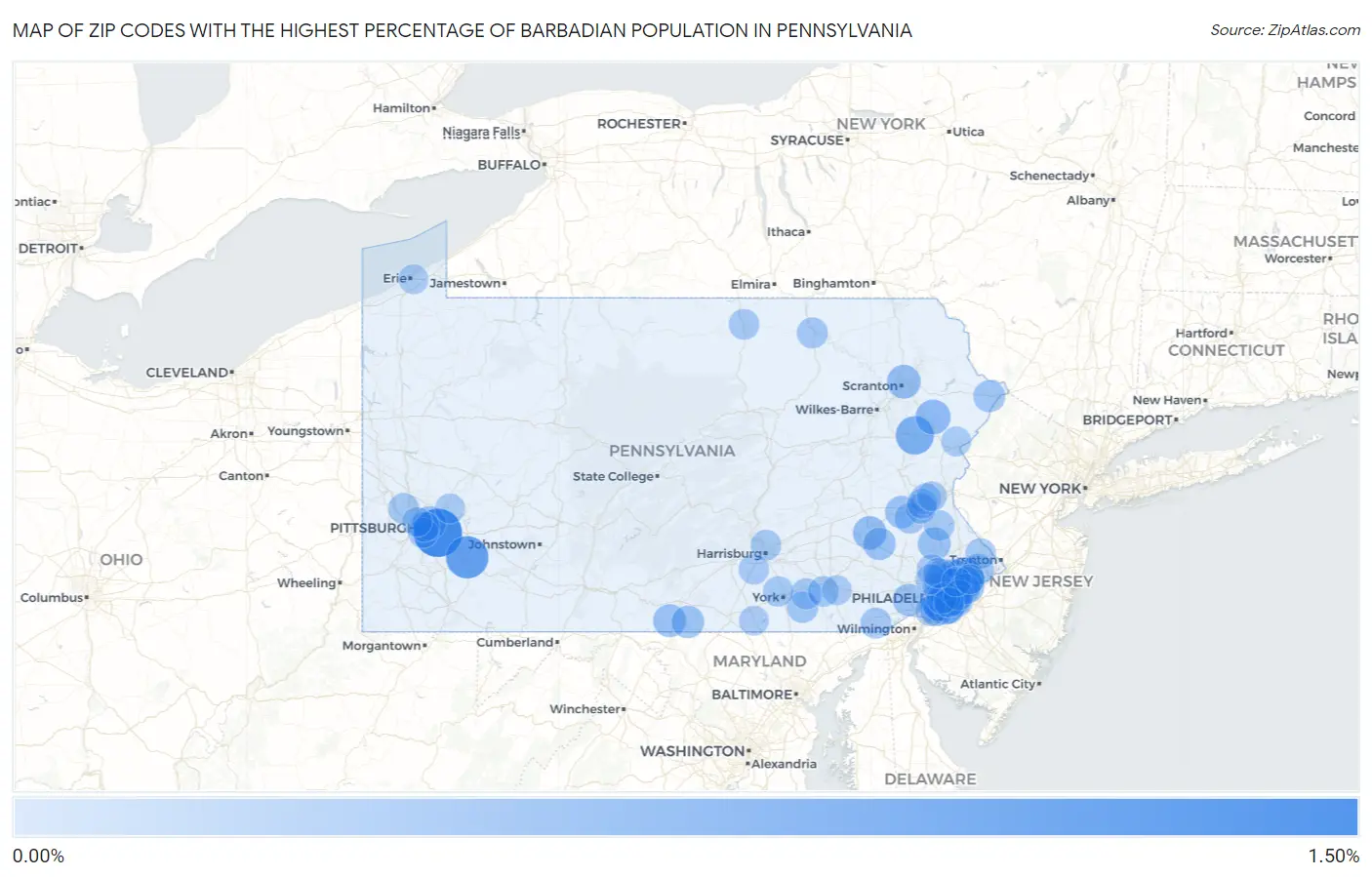 Zip Codes with the Highest Percentage of Barbadian Population in Pennsylvania Map