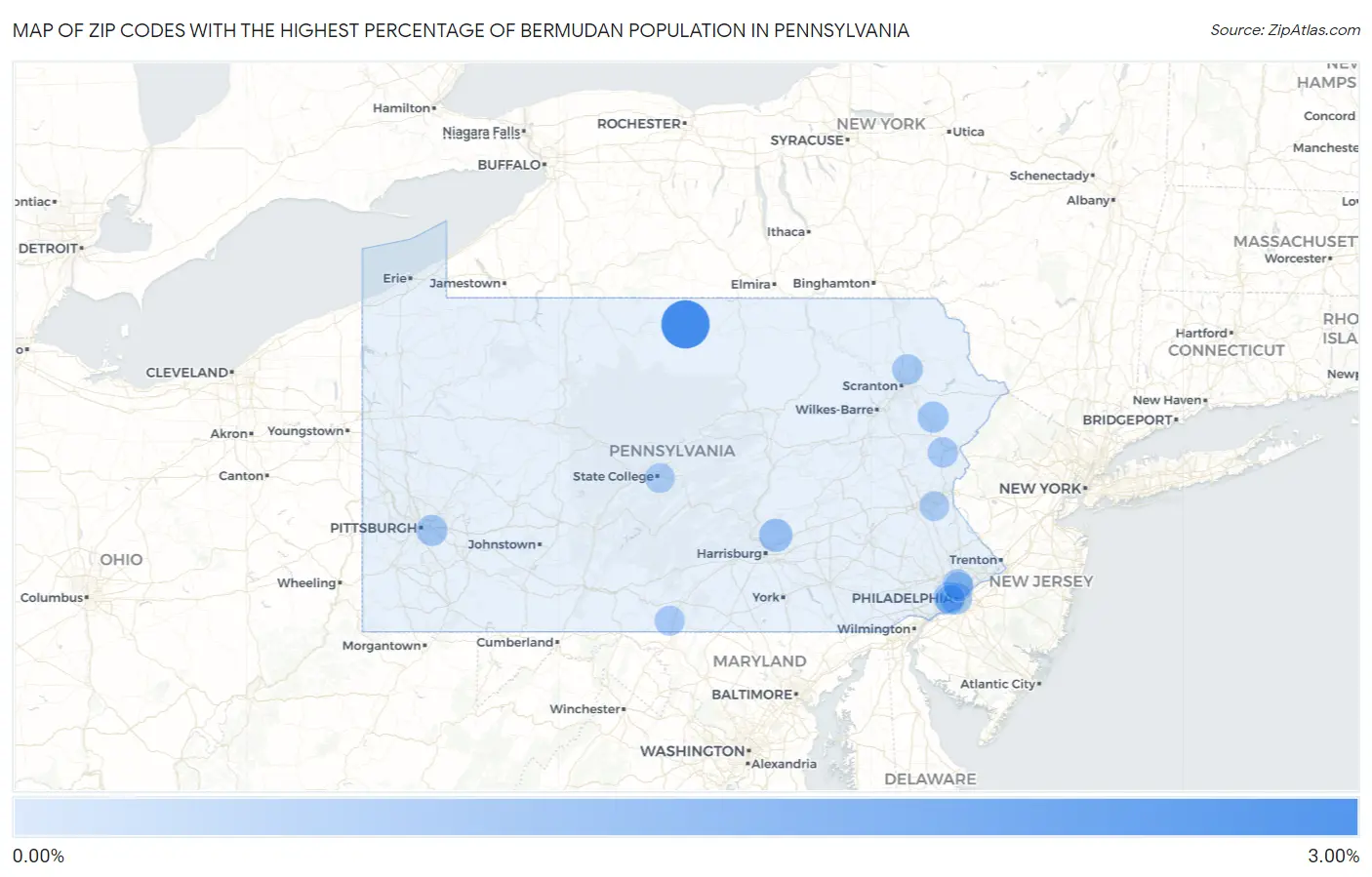 Zip Codes with the Highest Percentage of Bermudan Population in Pennsylvania Map