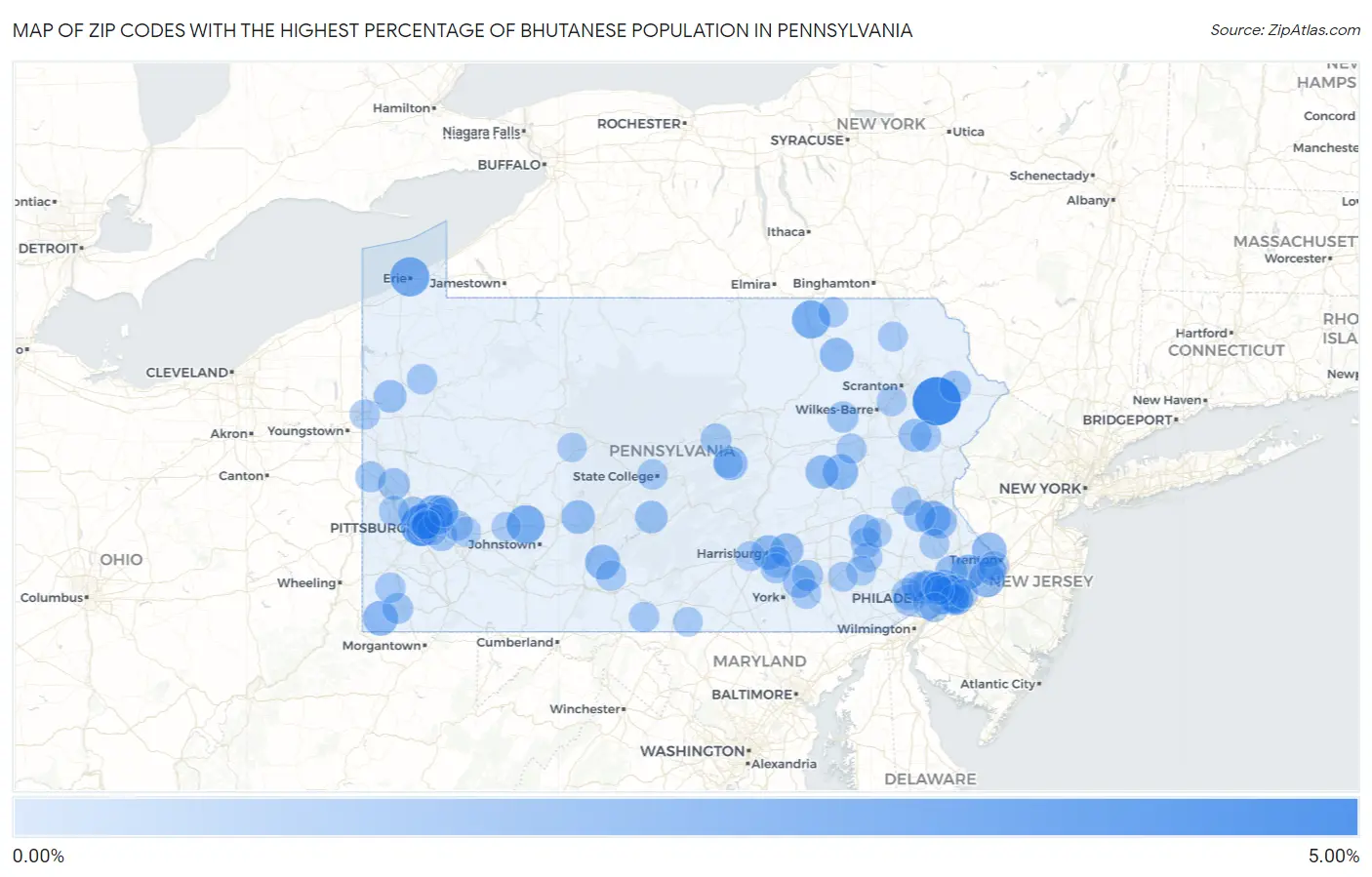 Zip Codes with the Highest Percentage of Bhutanese Population in Pennsylvania Map