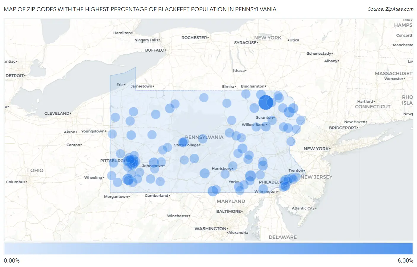 Zip Codes with the Highest Percentage of Blackfeet Population in Pennsylvania Map