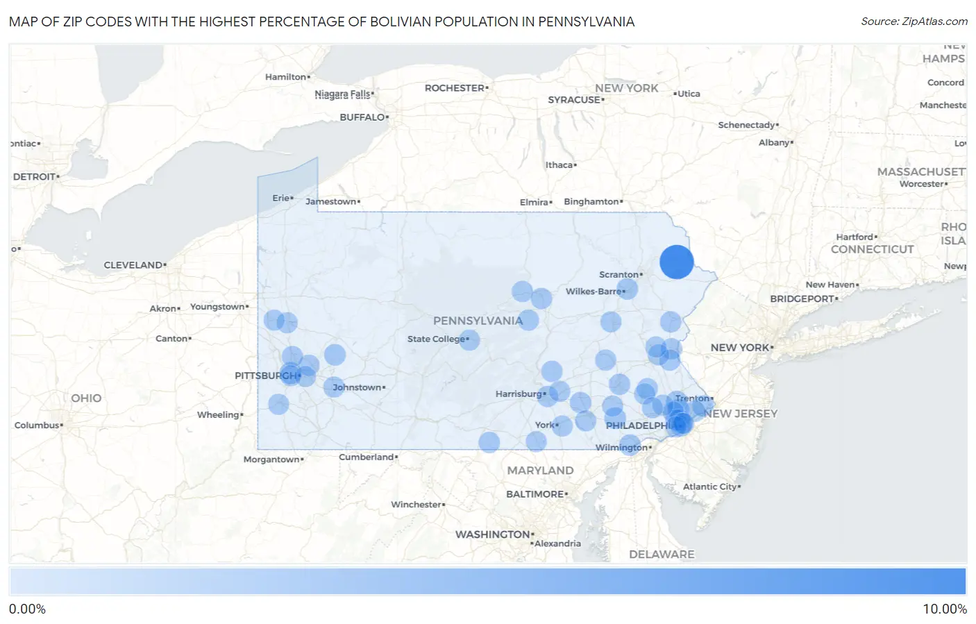 Zip Codes with the Highest Percentage of Bolivian Population in Pennsylvania Map