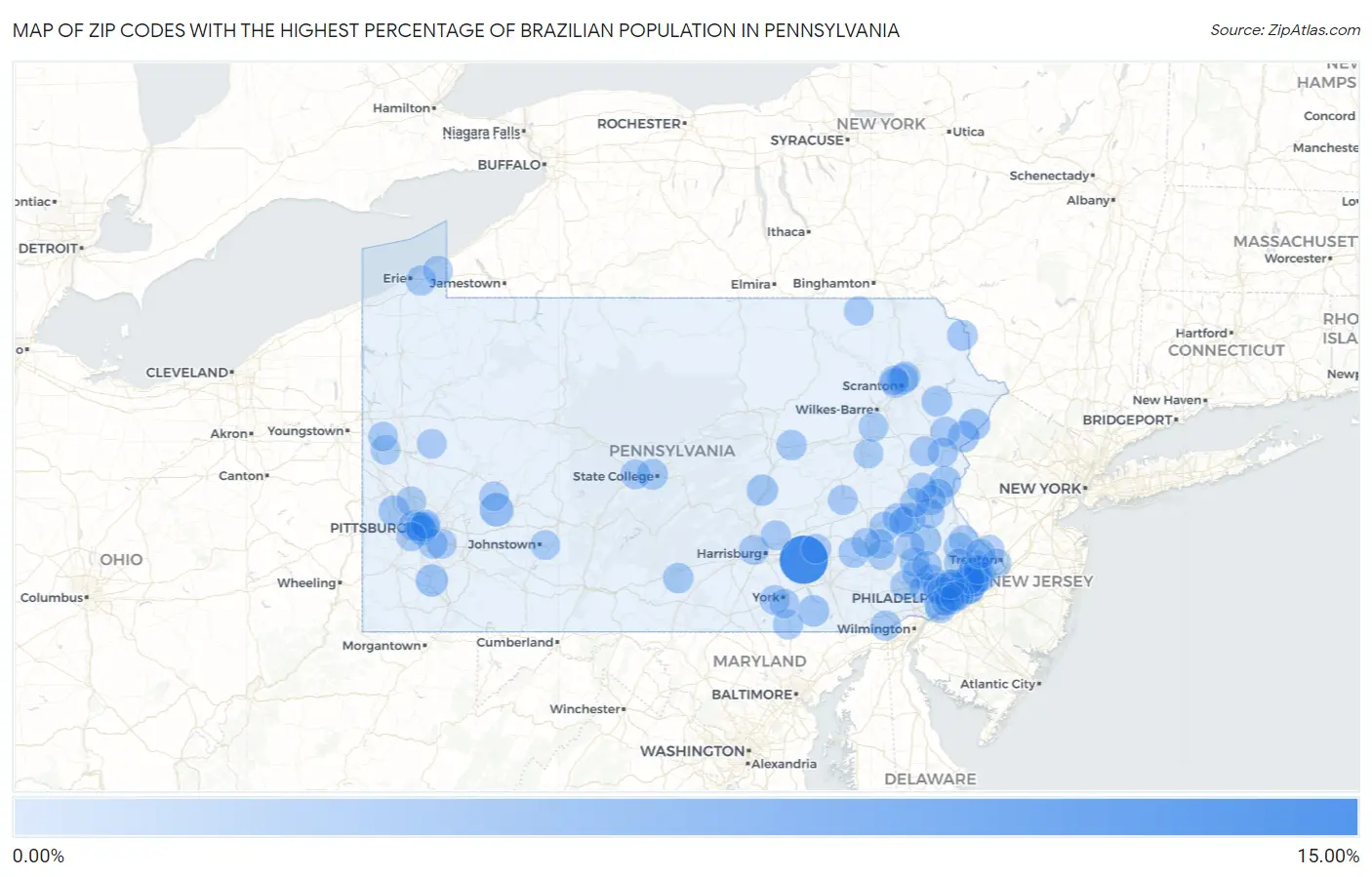 Zip Codes with the Highest Percentage of Brazilian Population in Pennsylvania Map