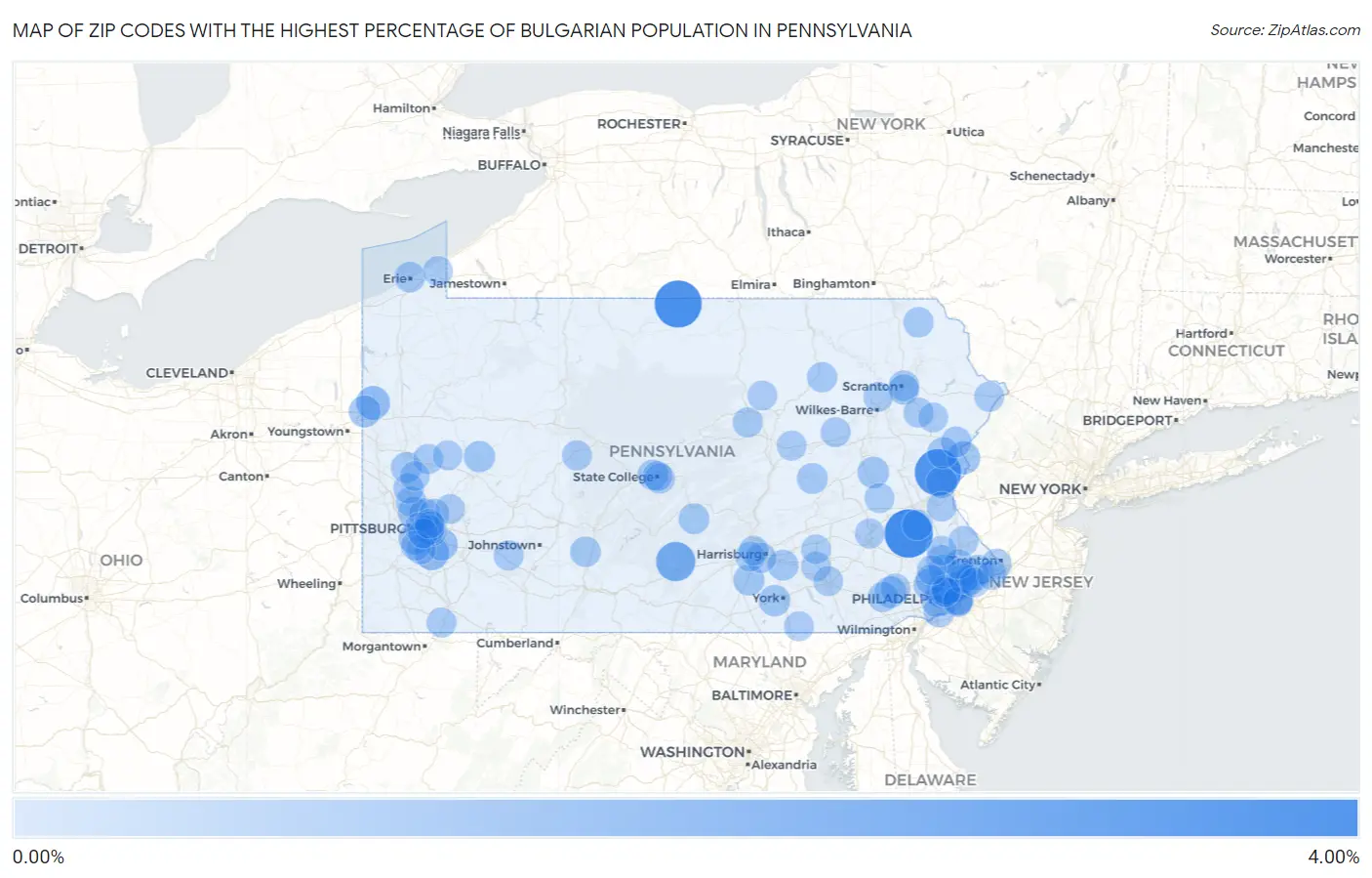 Zip Codes with the Highest Percentage of Bulgarian Population in Pennsylvania Map