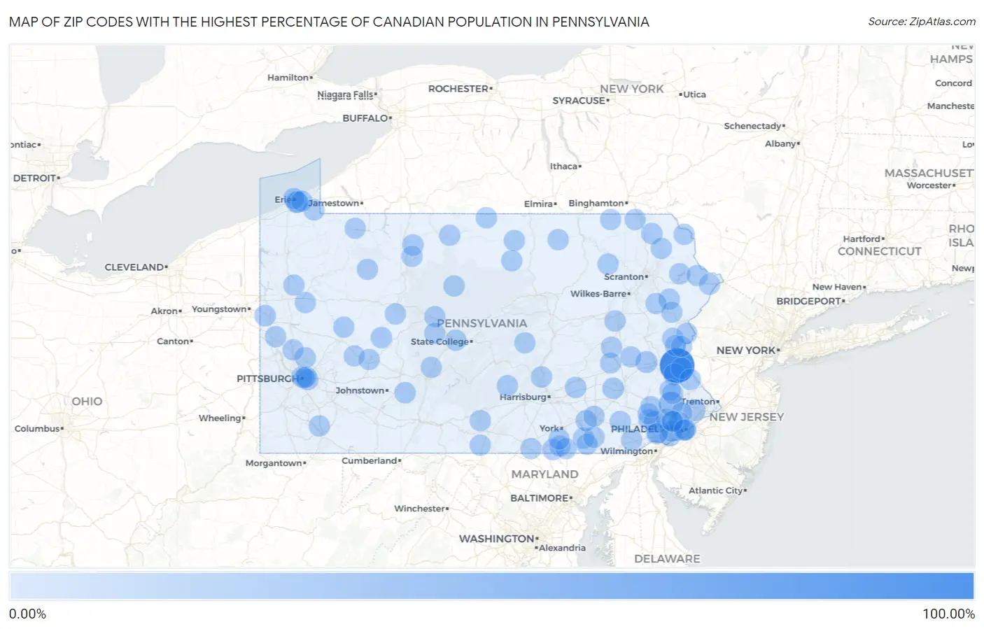 Zip Codes with the Highest Percentage of Canadian Population in Pennsylvania Map